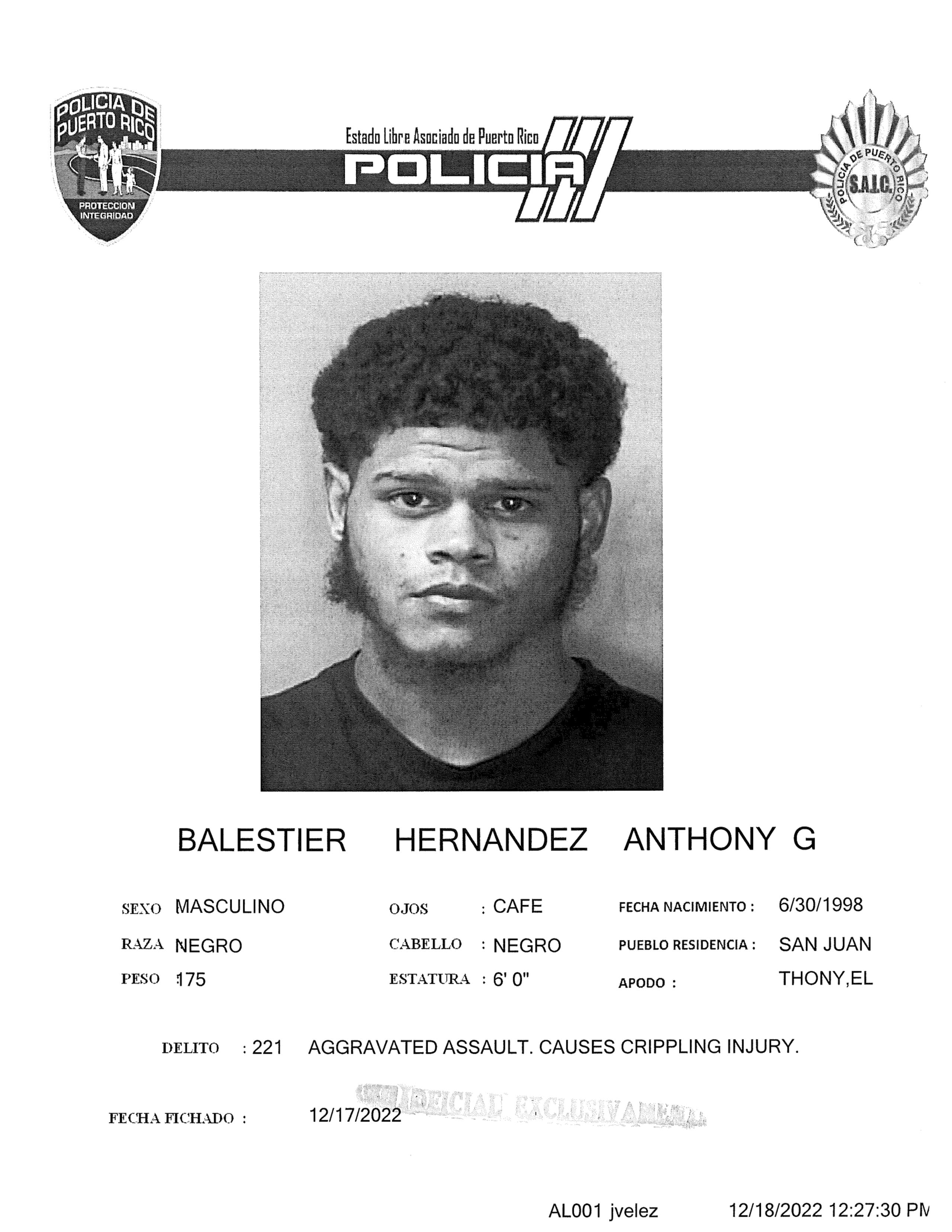 Ficha policíaca de Anthony G. Balestier Hernández.