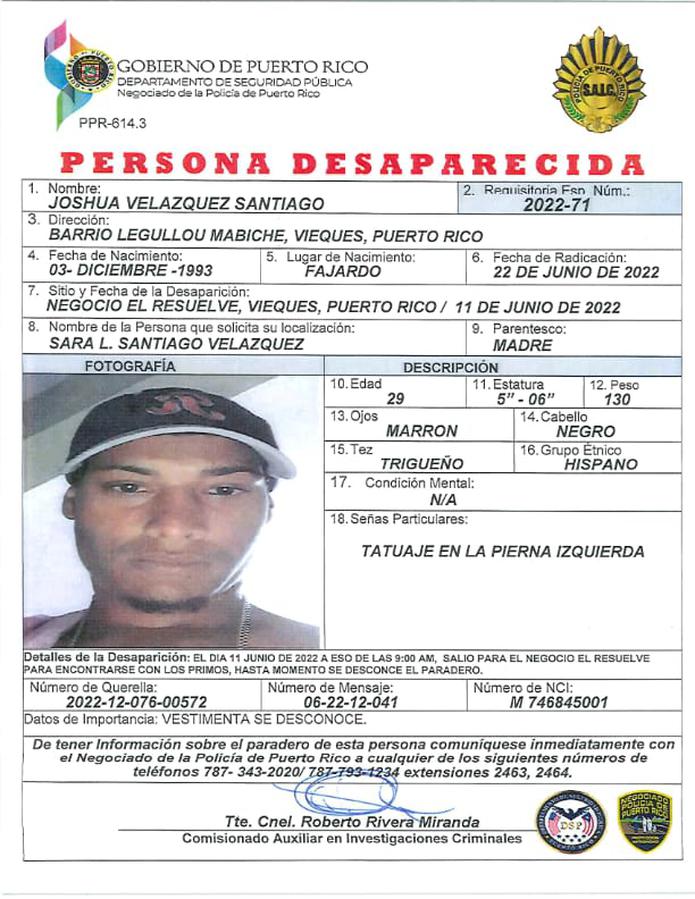 Joshua Velázquez Santiago se encuentra desaparecido desde el 22 de junio, en Vieques.