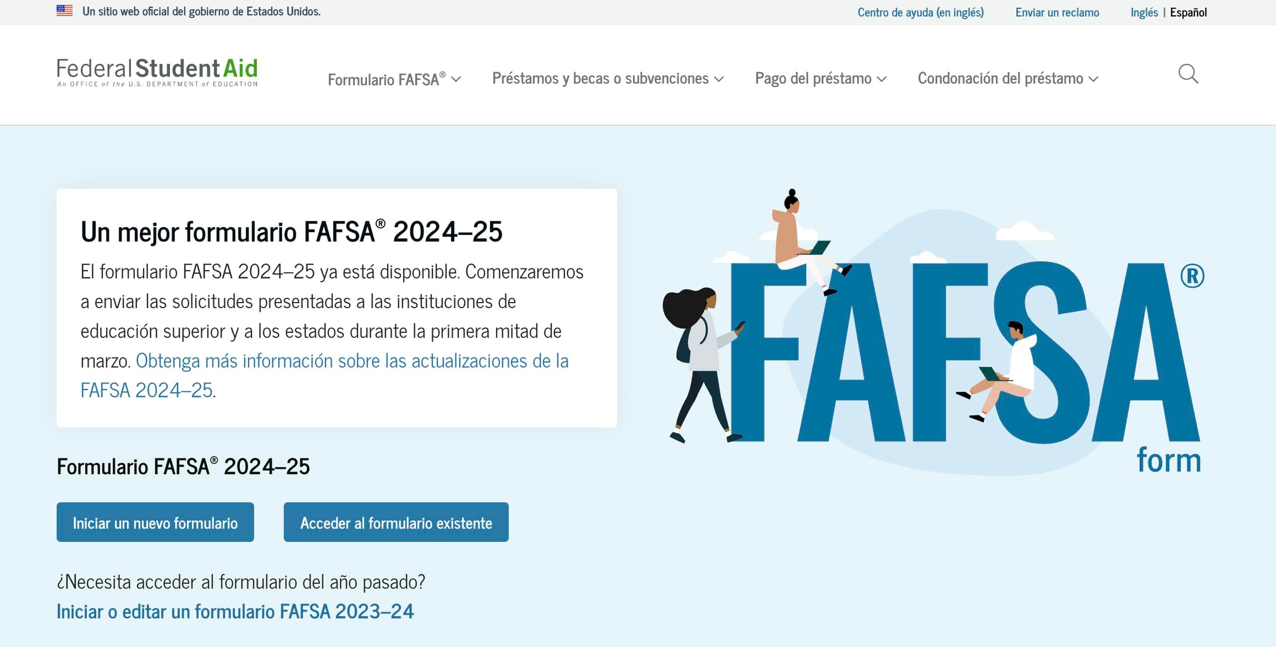 Captura de pantalla de la página web donde se completa el formulario FAFSA.