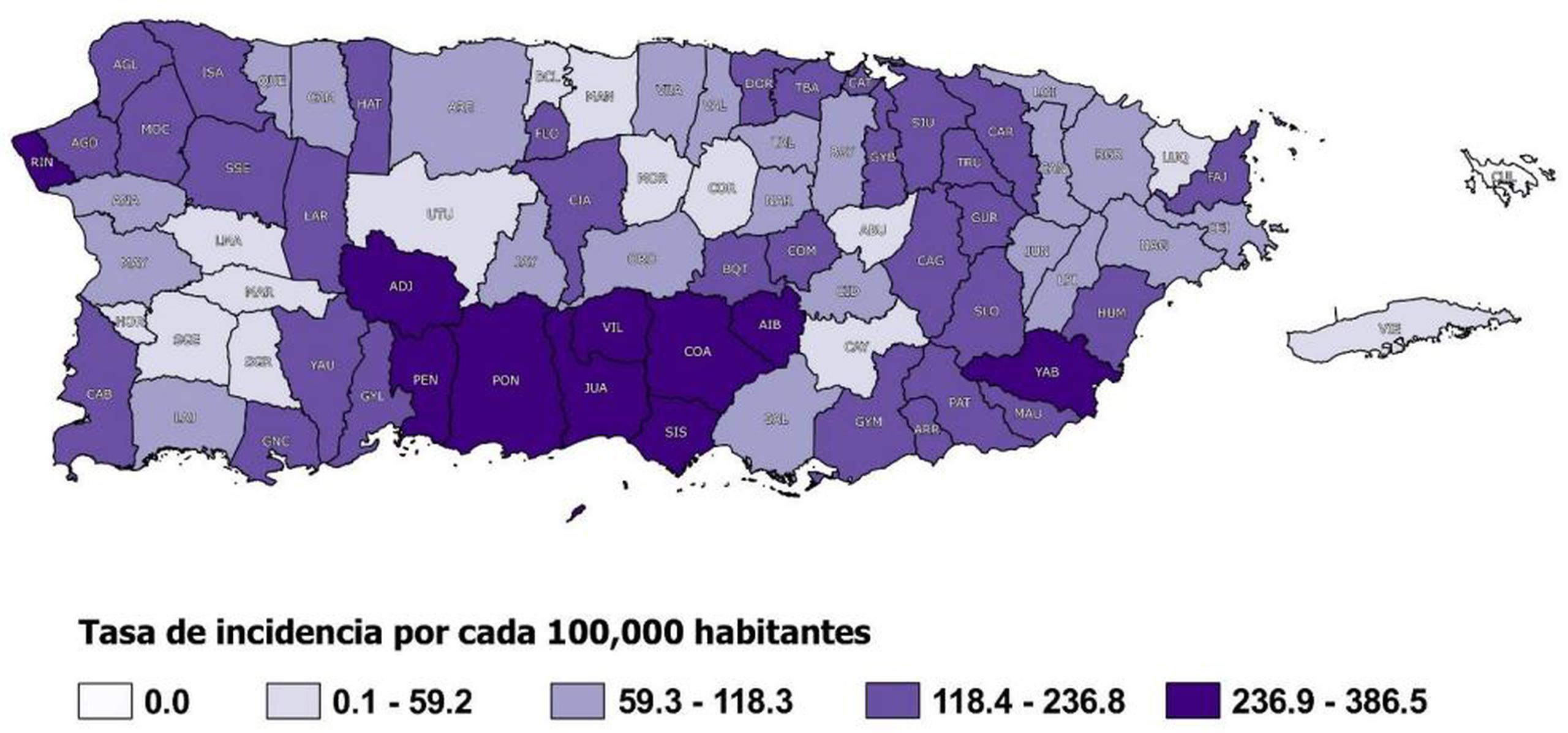 Mapa de tasas de incidencia de influenza por municipio, semanas 1-4. (Departamento de Salud)