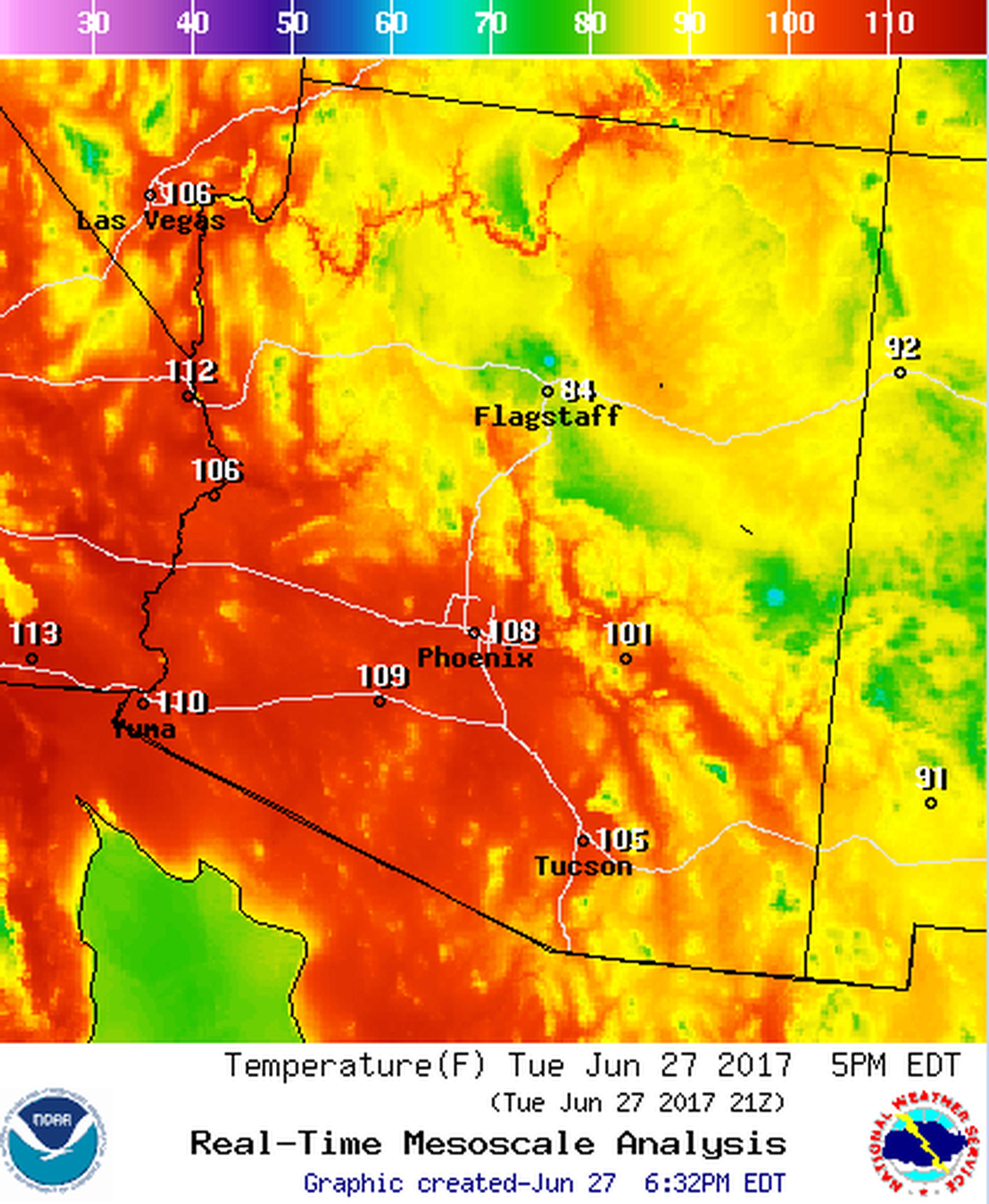 Temperaturas en Arizona durante la tarde de hoy, martes, 27 de junio. (NOAA)