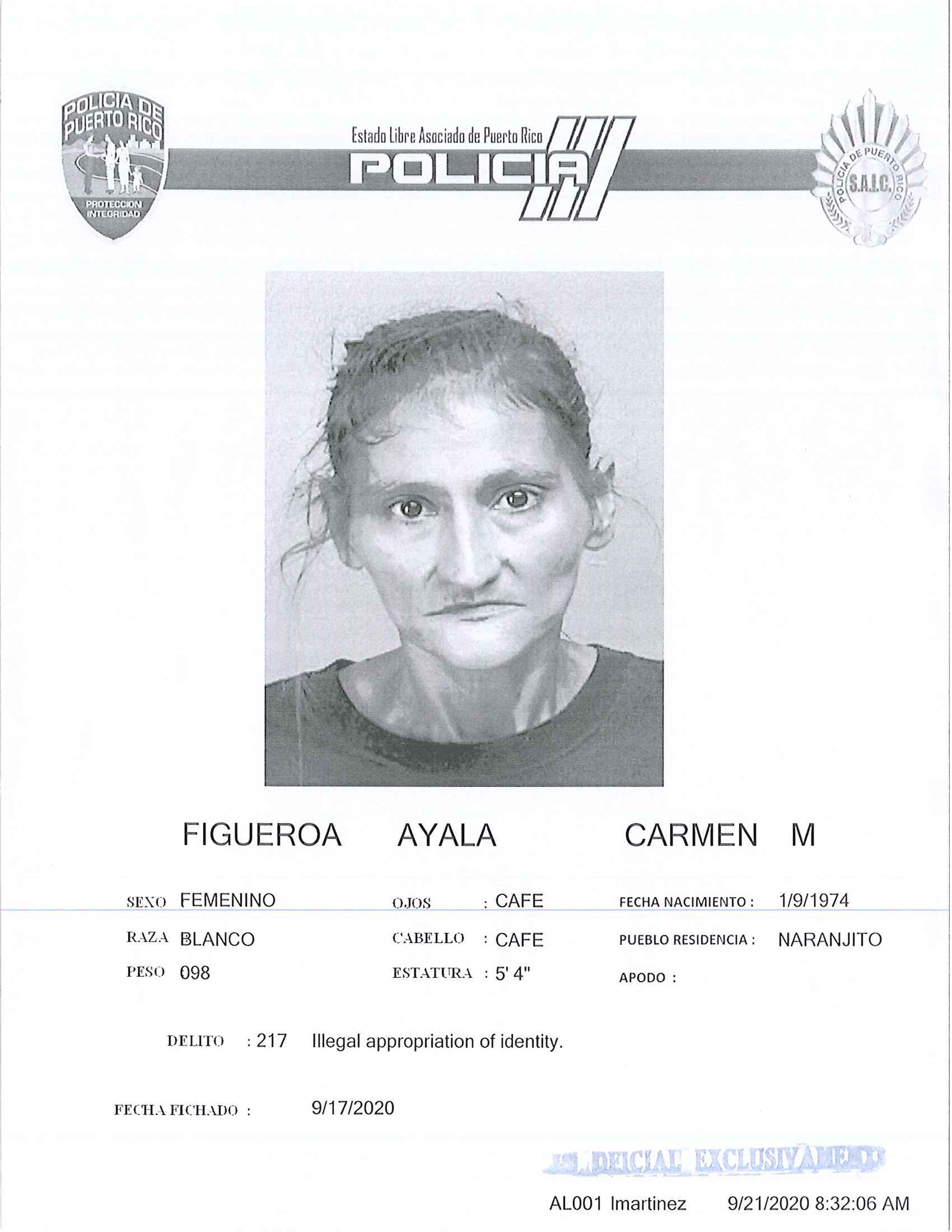 Ficha de Carmen M. Figueroa Ayala, imputada de fraude a la Asistencia por Desempleo Pandémico (PUA, en inglés).