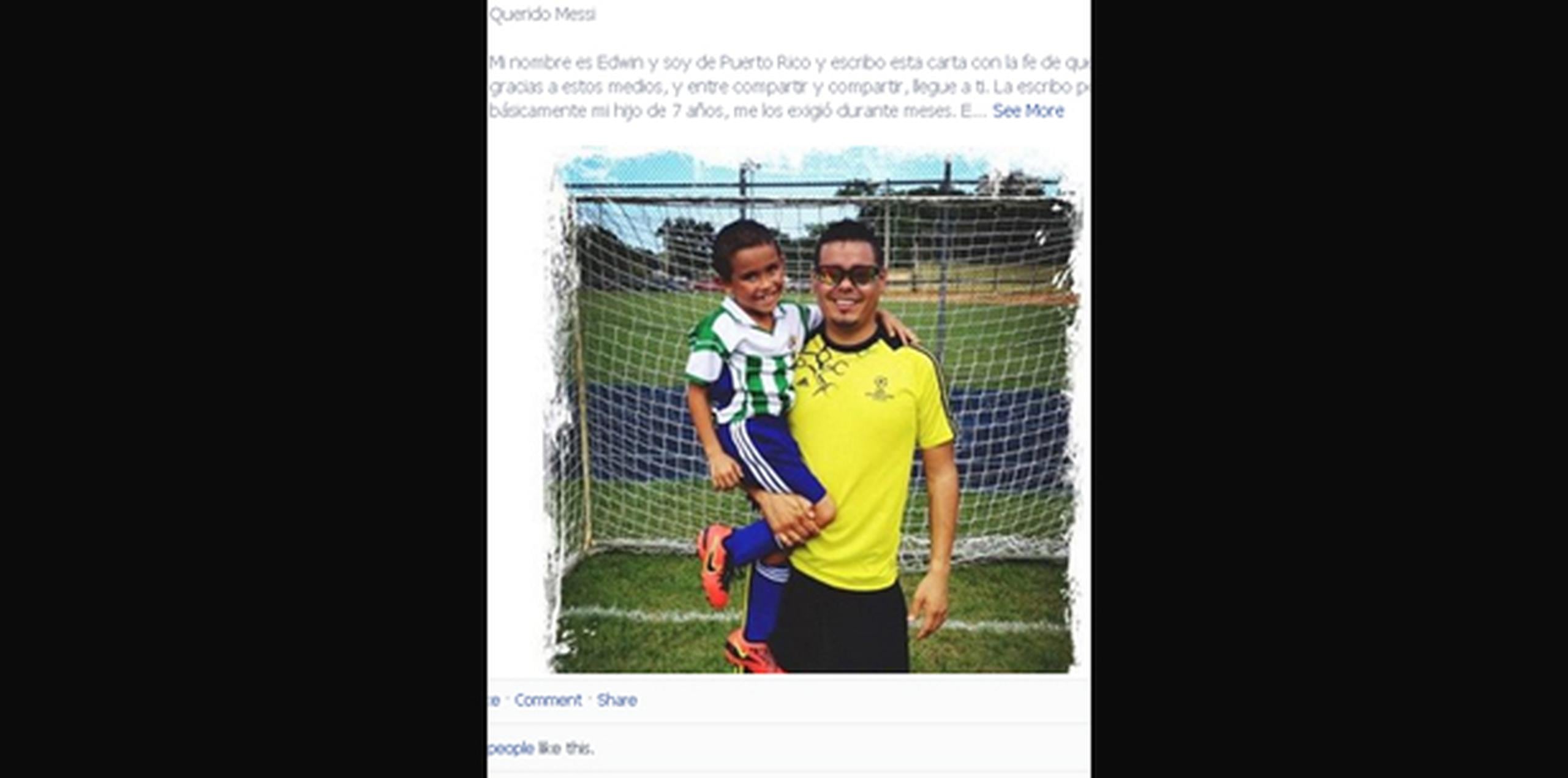 Resulta que el niño de siete años, Jediael, a quien apodan Jedi, es fanático del futbolista, al punto que cree que su padre, Edwin Matos, puede comunicarse con él por teléfono, como si fuera un amigo más. (Facebook)