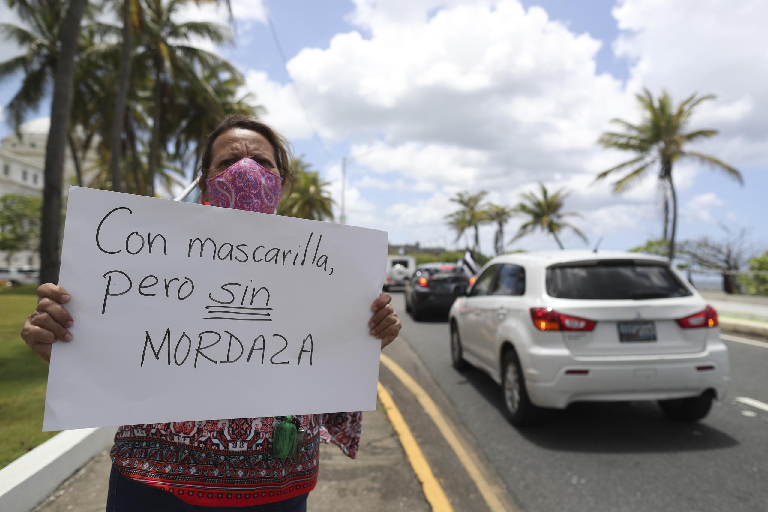 En la foto, Edna Meléndez, maestra jubilada, participa de una de las caravanas que pasó frente al Capitolio.

