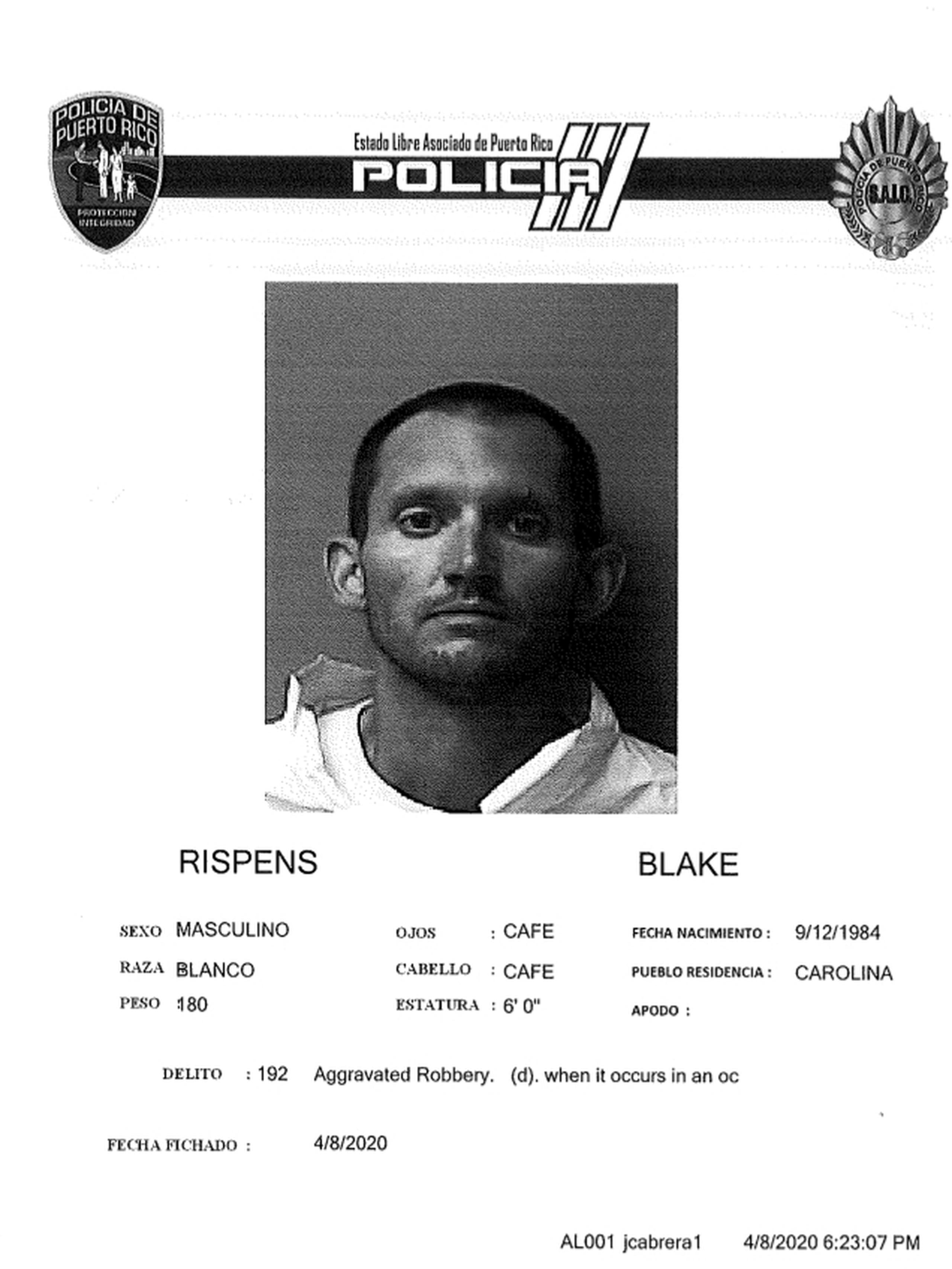 Blake Rispens fue acusado por un asalto a la gasolinera Puma de la marginal Los Ángeles en Carolina este lunes.