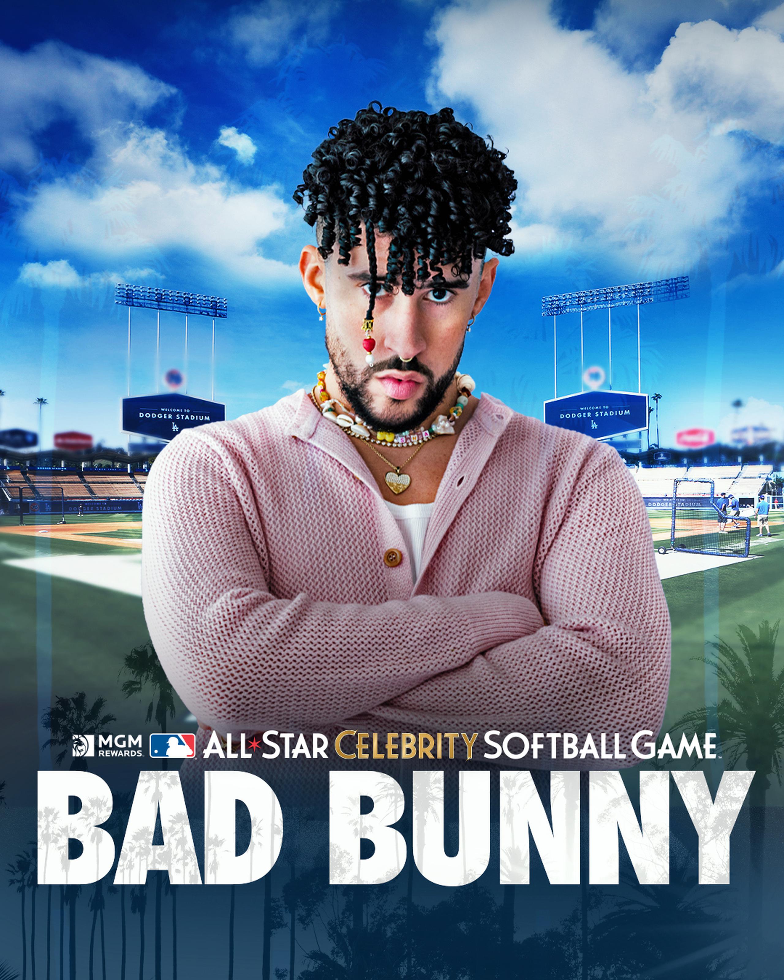 El afiche de Bad Bunny para su participación en el fin de semana de estrellas de las Grandes Ligas en el Dodger Stadium.