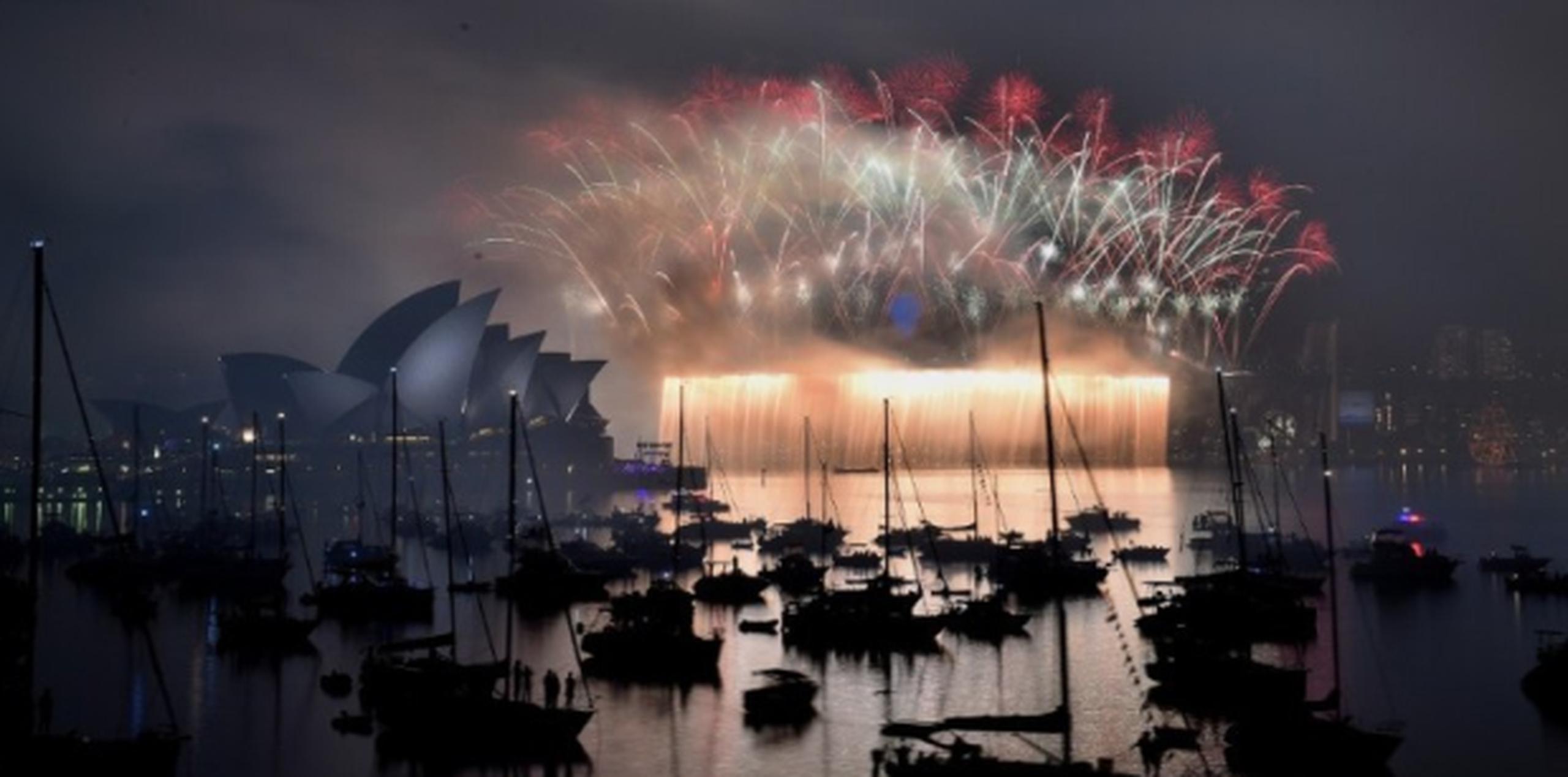 Sydney Recibió el 2015 con el estilo deslumbrante que la caracteriza: un espectáculo de fuegos artificiales de efectos de ambiente tropical porque imitaban palmas dorada y plateada. (AFP)