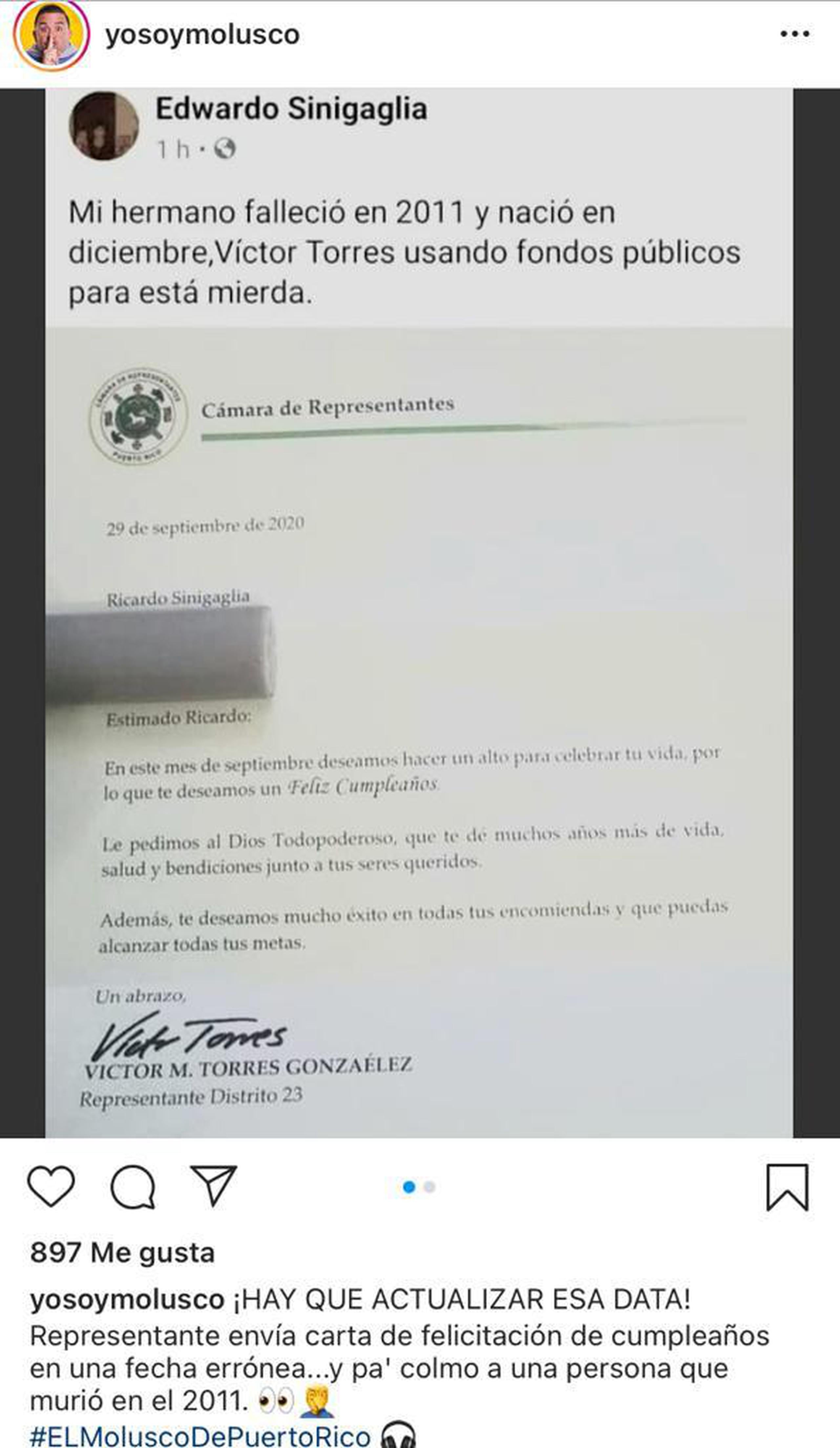 El representante Víctor Torres González aclaró la información que fue publicada sobre una felicitación que envió a un joven constituyente del Distrito 23, residente del municipio de Guayanilla.