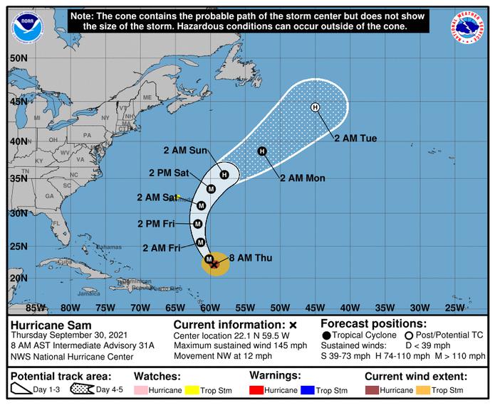 Pronóstico del huracán Sam emitido a las 8:00 de la mañana por el Centro Nacional de Huracanes el 30 de septiembre de 2021.