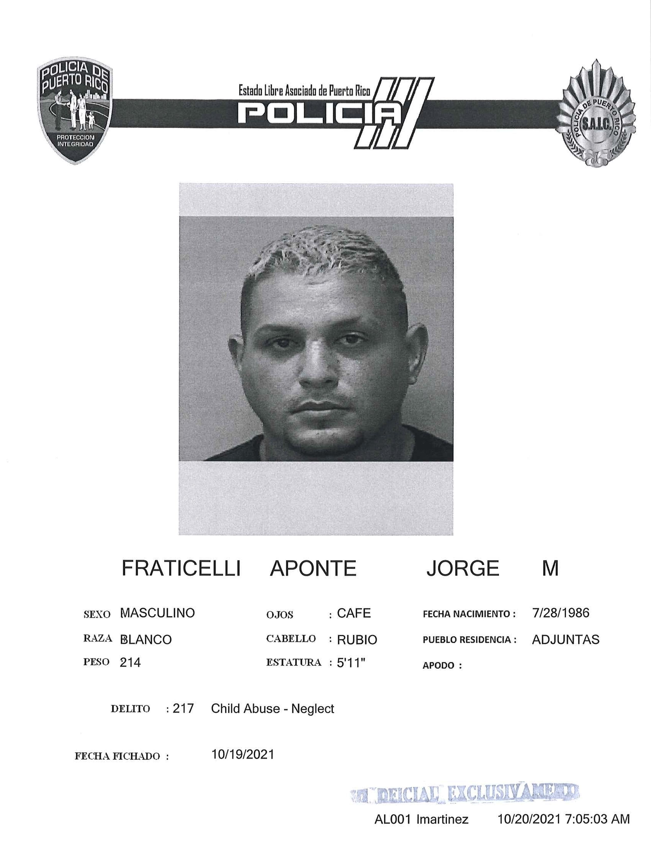 Ficha policíaca de Jorge Manuel Fraticelli Aponte.