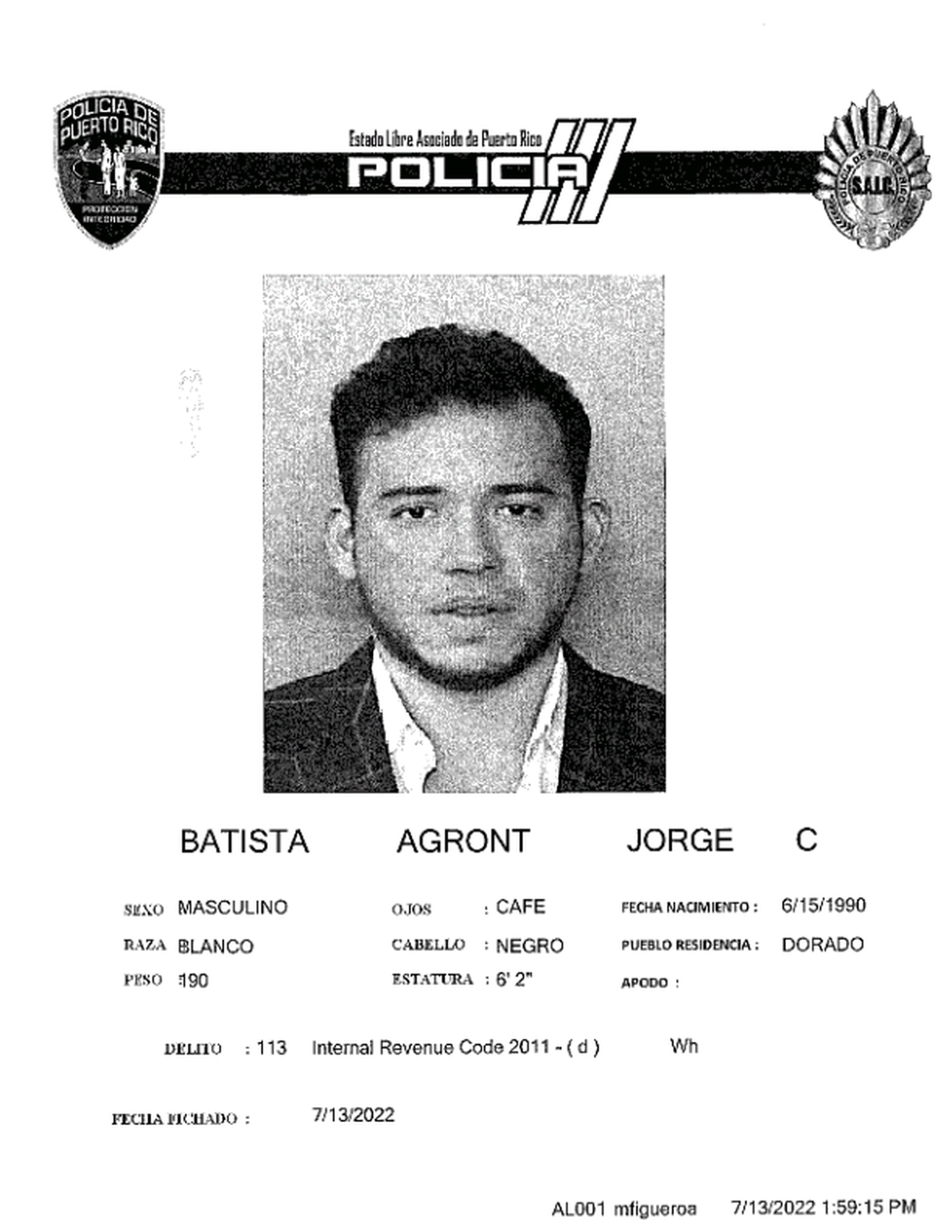 Ficha policial de Jorge Christian Batista Agront por su caso de evasión contributiva.