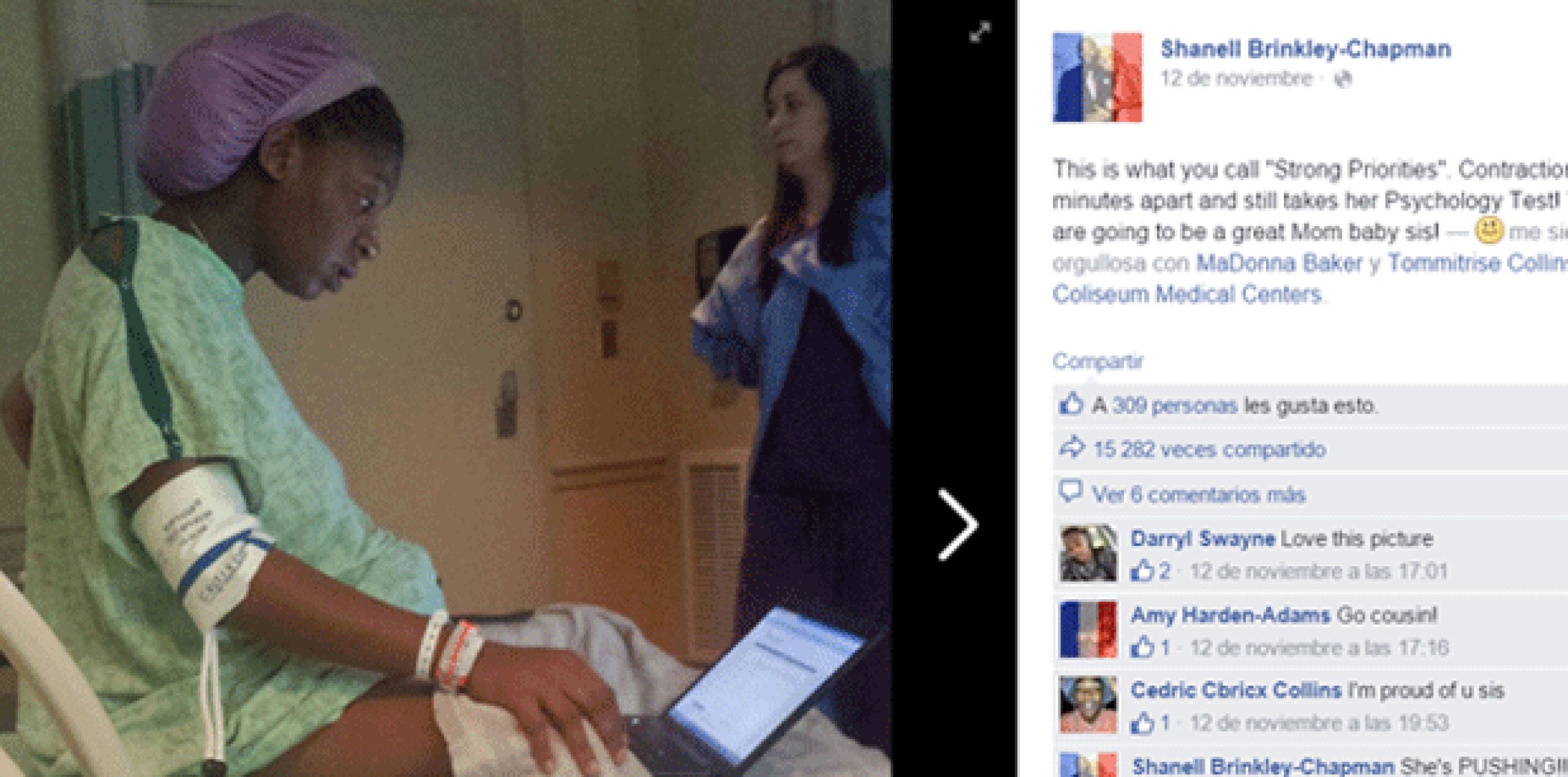 Medios noticiosos reportan que a Collins le faltaban apenas unas horas para dar a luz en un hospital en Macon el 12 de noviembre cuando su hermana tomó la foto. (Facebook)