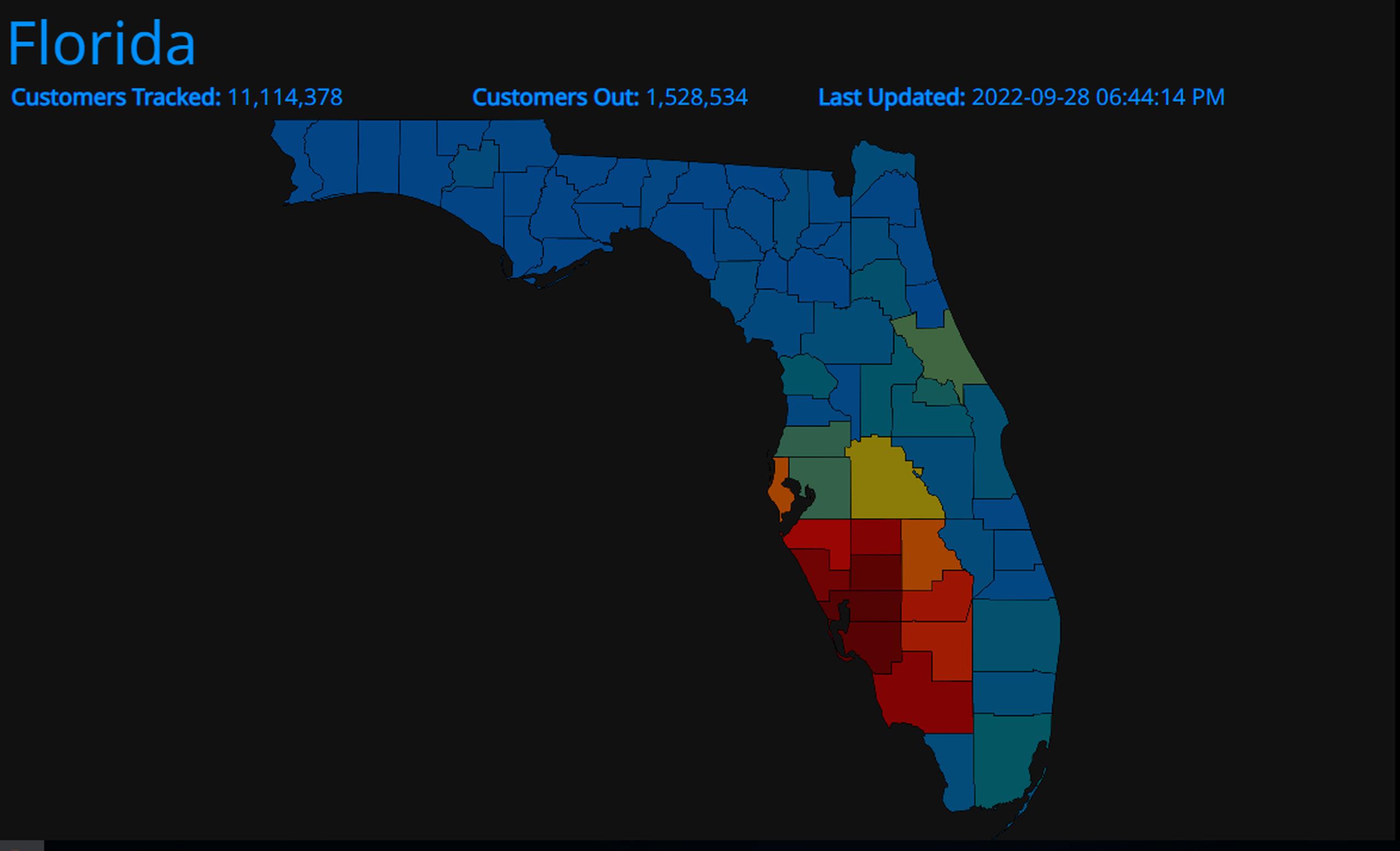 Clientes sin energía eléctrica en el estado de Florida, según la plataforma PowerOutages.us