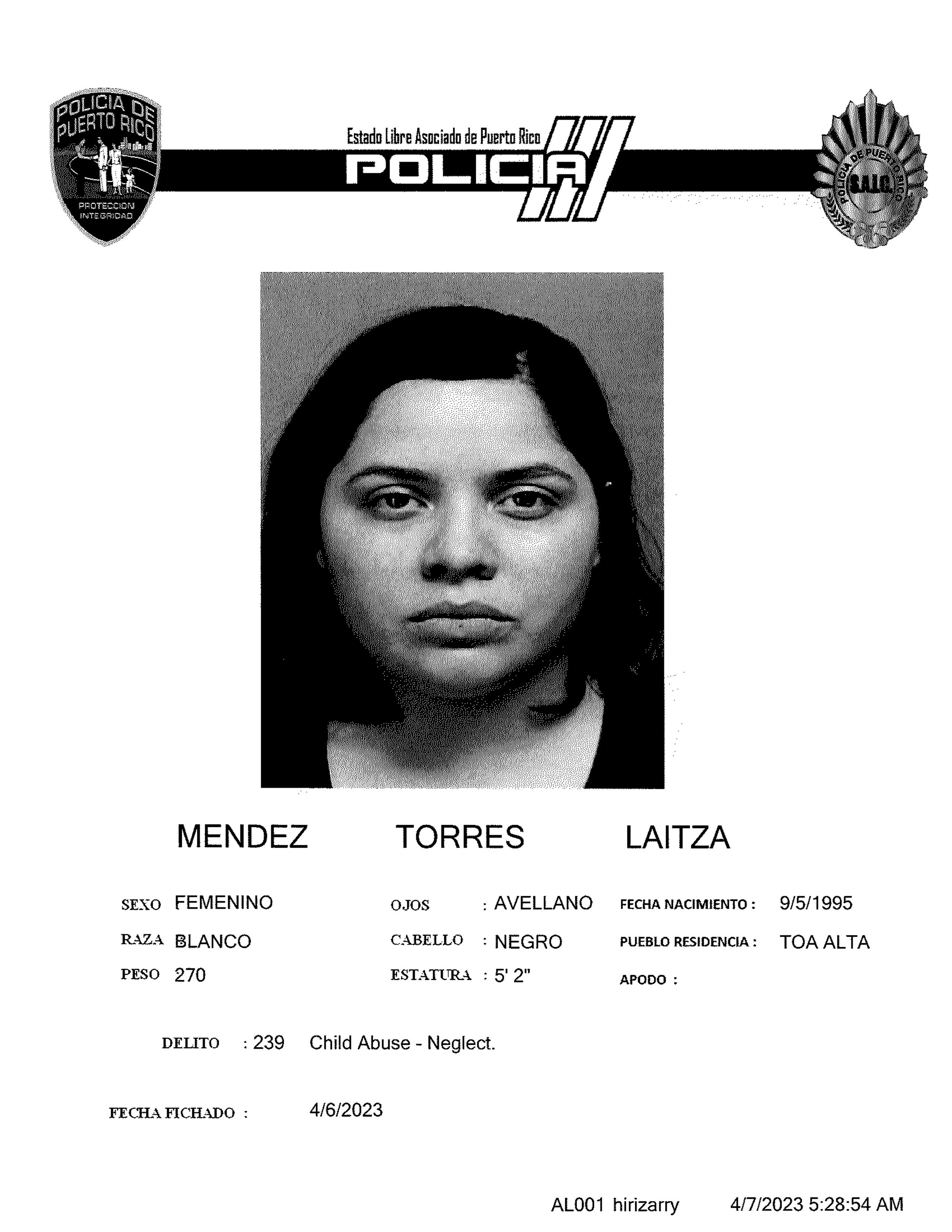 Ficha policial de Laitza Méndez Torres.