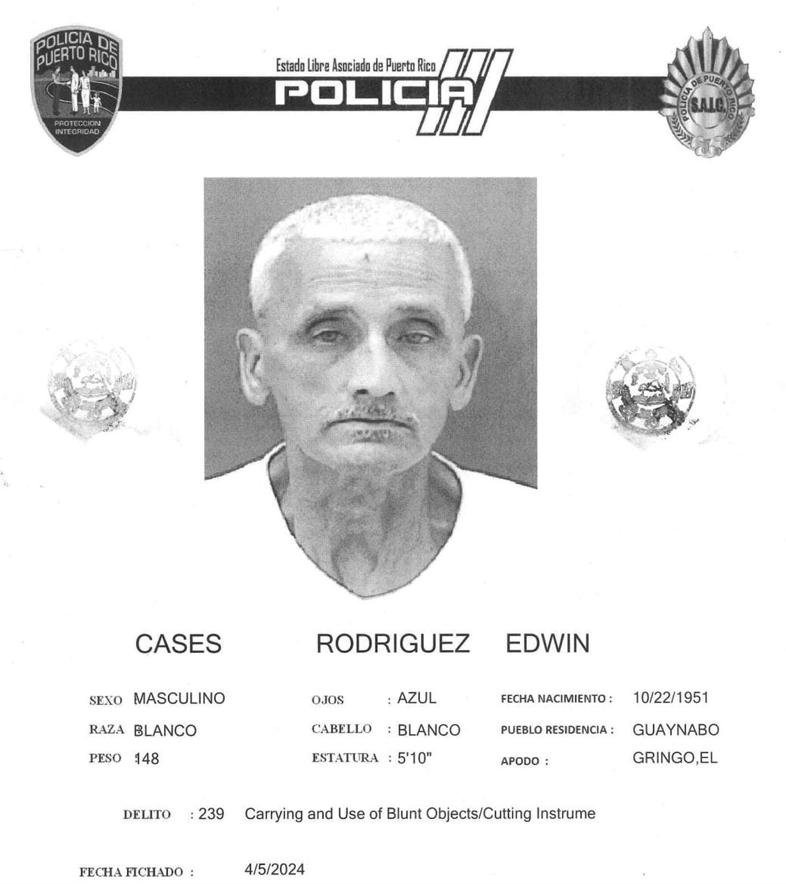 Edwin Cases Rodríguez de 73 años, fue acusado por cargos de daños agravados, violación a la Ley para la Prevención, Seguridad, Bienestar y Protección de Menores y por la portación y uso de un arma blanca.