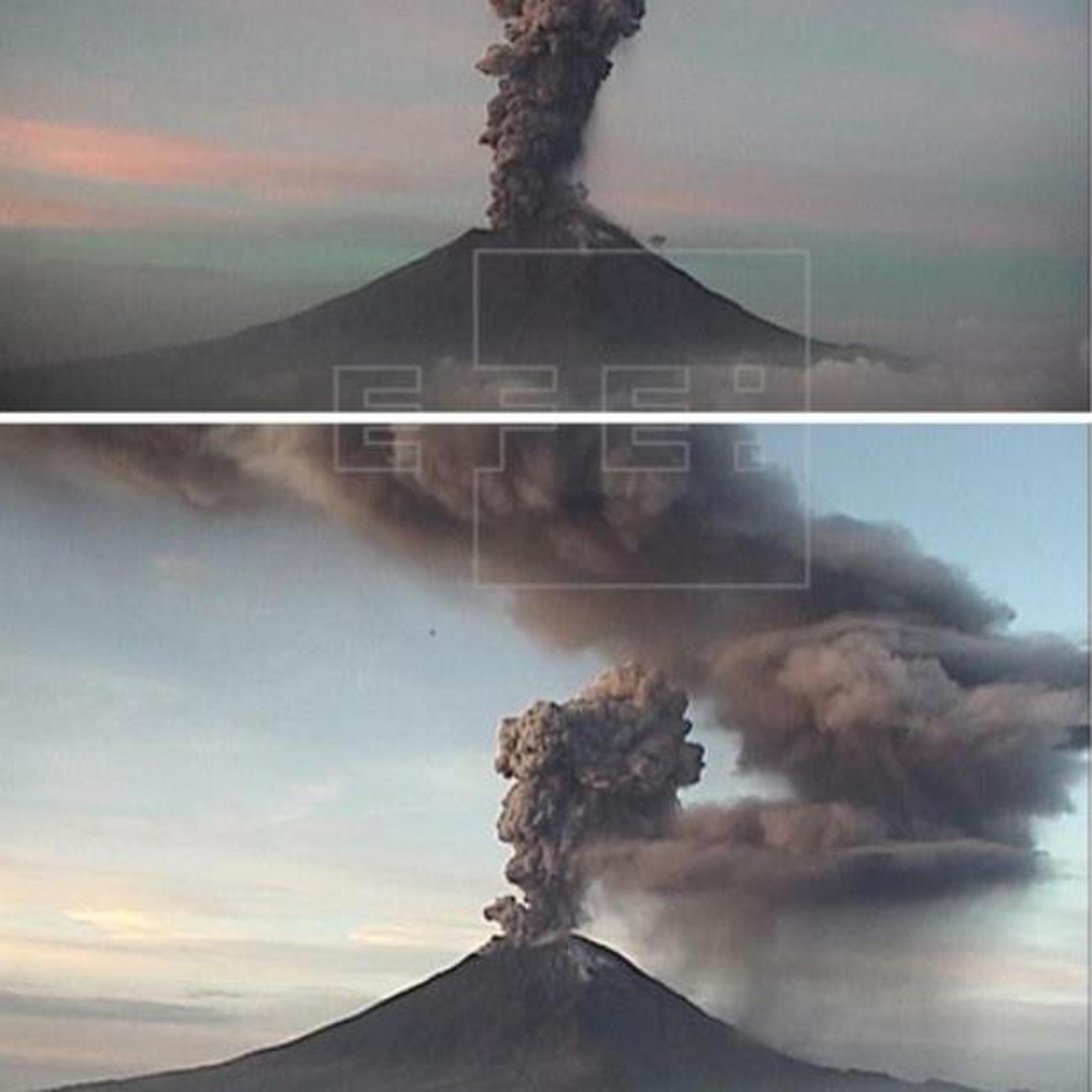 Combo de fotografías cedidas por el Centro Nacional de Prevención de Desastres (Cenapred), de la erupción registrada del Volcán Opocatépetl este lunes, desde su cara en el municipio de Tetela del Volcán, en el estado de Morelo (México). (EFE/CENAPRED)