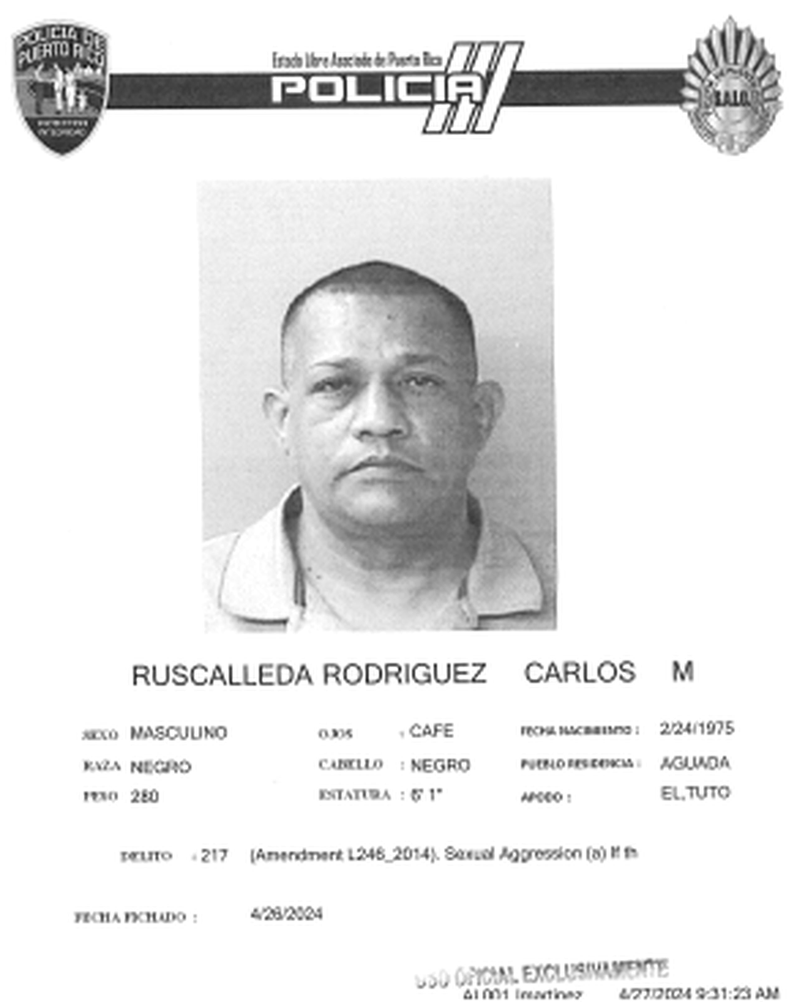Ficha policiaca de Carlos M. Ruscalleda Rodríguez, conocido como El Tuto.
