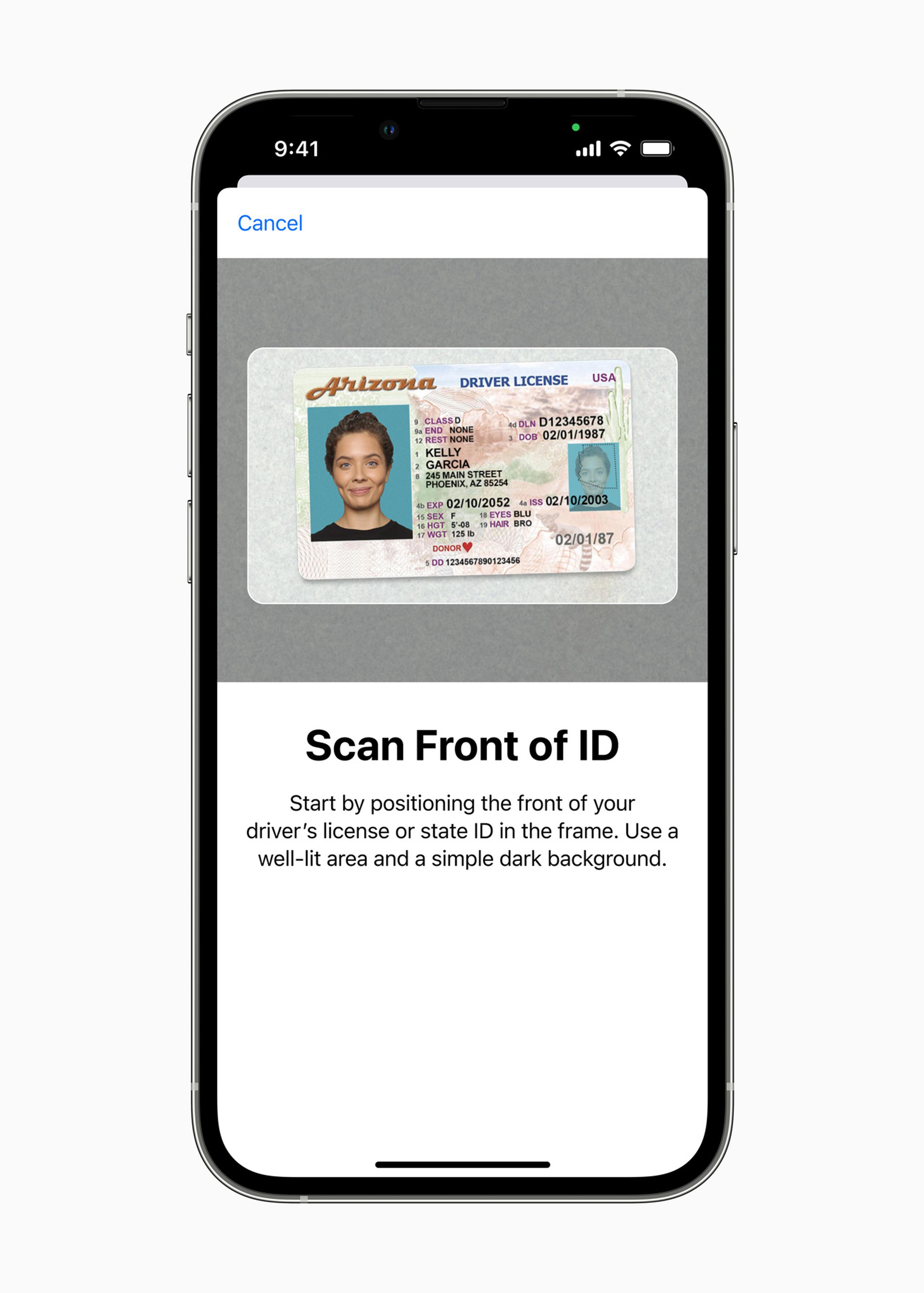 Ejemplo de la licencia de conducir del estado de Arizona en la aplicación Apple Wallet.