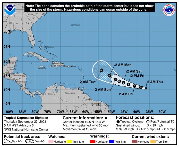 Pronóstico de la depresión tropical 18 emitido a las 5:00 de la mañana del 23 de septiembre de 2021.