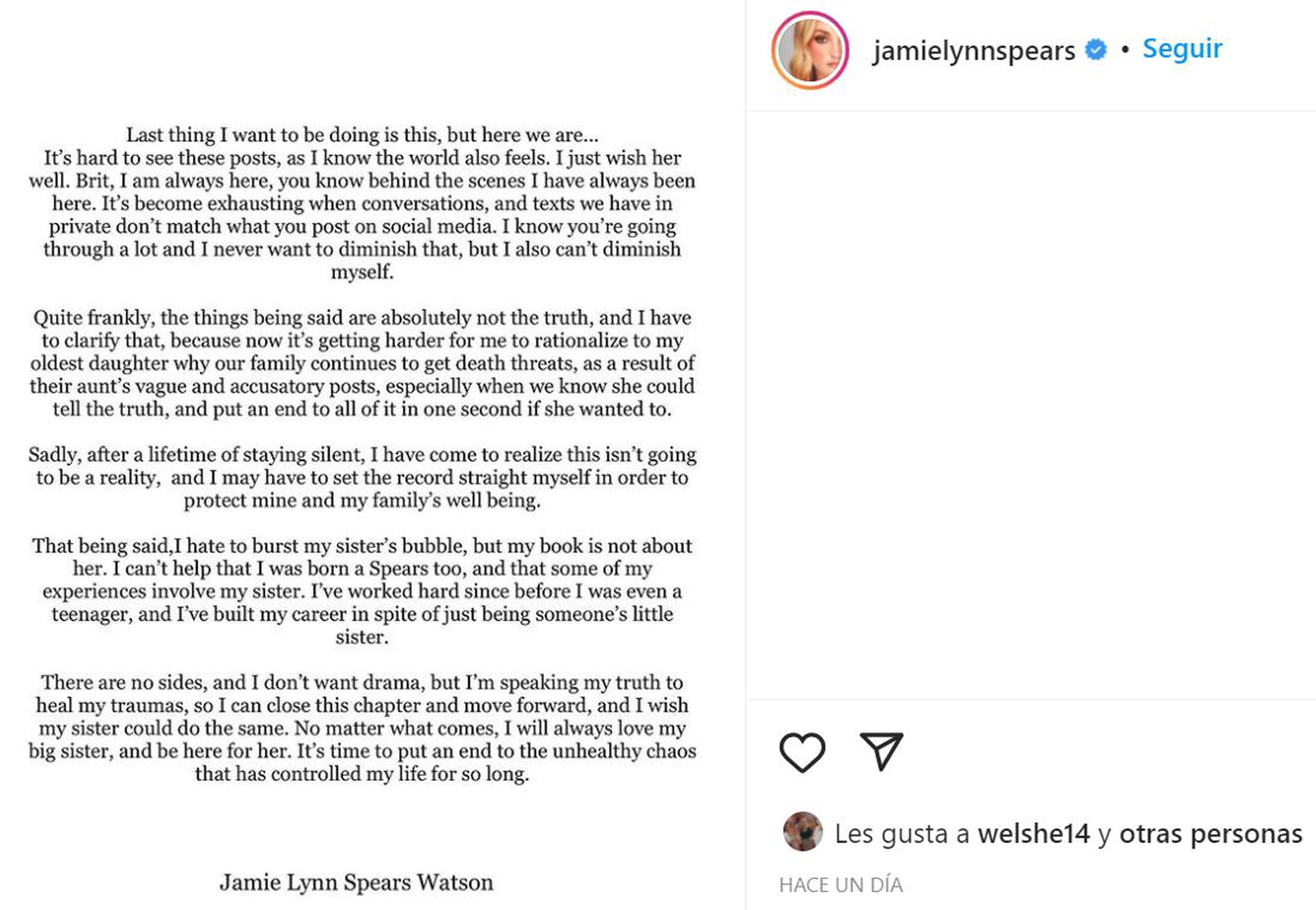 Mensaje que escribió Jamie Lynn en su cuenta de Instagram.