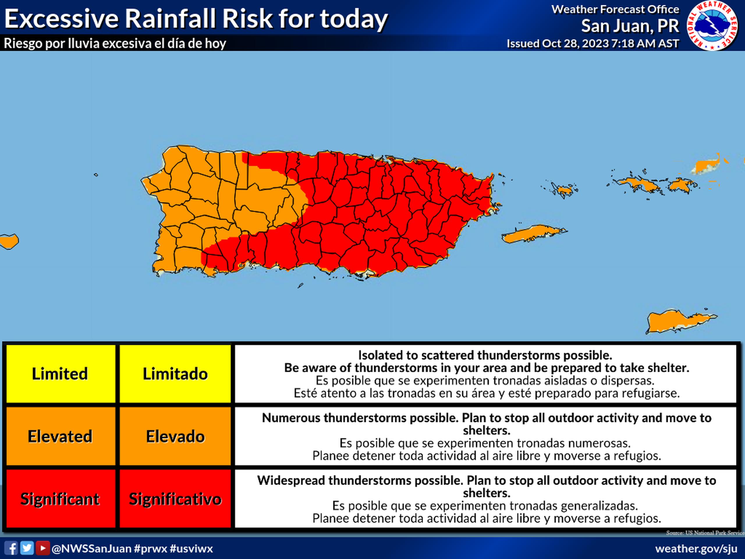 Pronóstico de riesgo por lluvia excesiva para el sábado, 28 de octubre de 2023, compartido por el Servicio Nacional de Meteorología en San Juan.