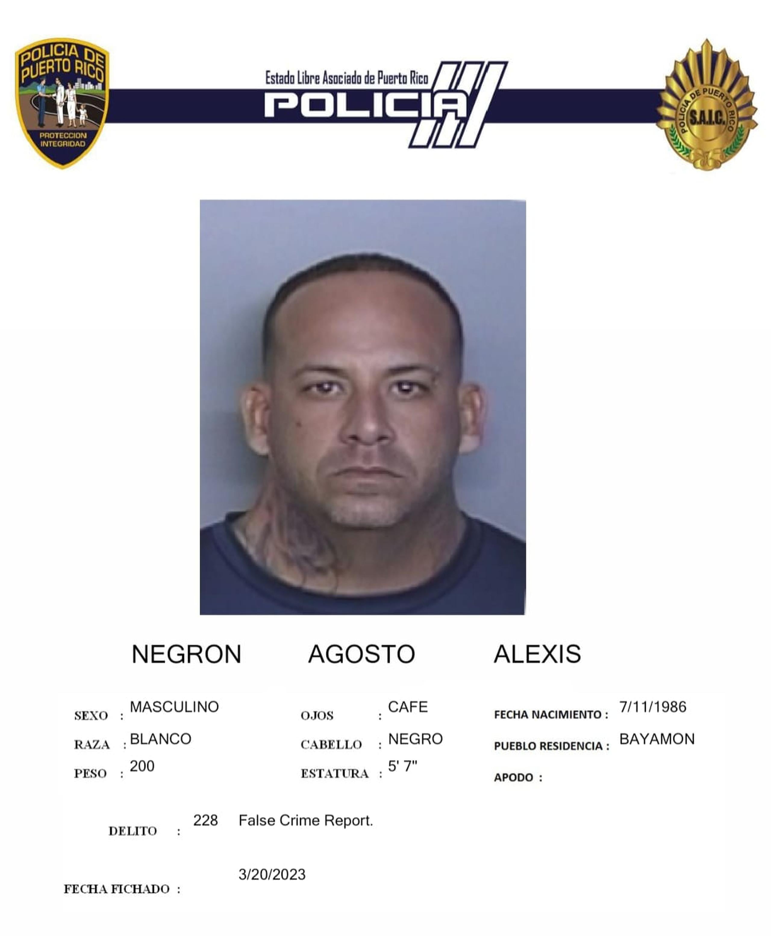Alexis Negrón Agosto fue acusado por hacer una declaración falsa en la que alegó que fue asaltado en La Perla y que le robaron un arma de fuego.