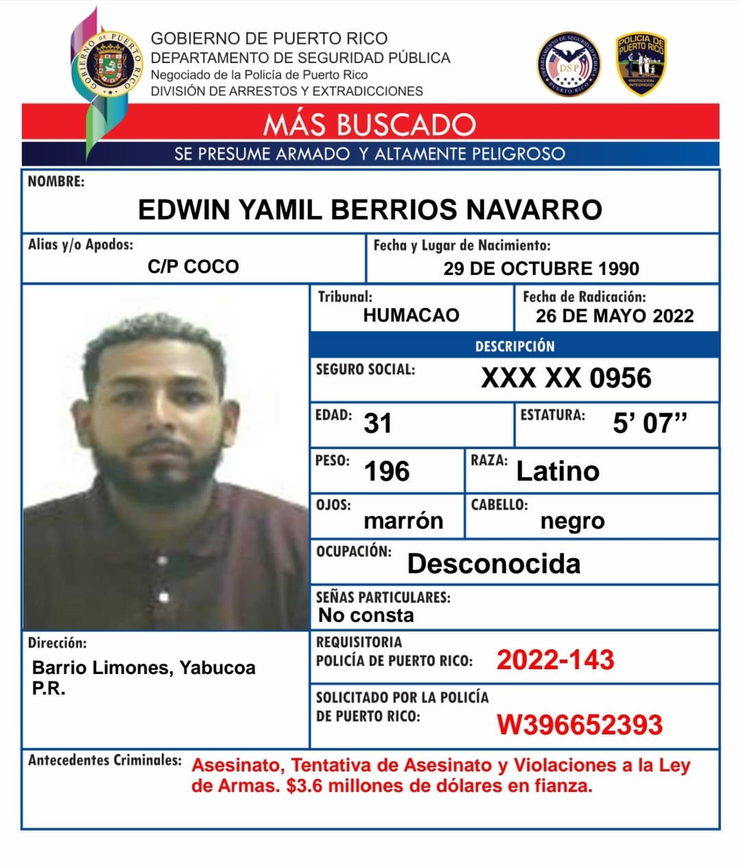 Contra Edwin Yamil Berríos Navarro alias Coco, pesa una orden de arresto con una fianza de $3.6 millones por los delitos de asesinato, tentativa de asesinato y violaciones a la Ley de Armas.