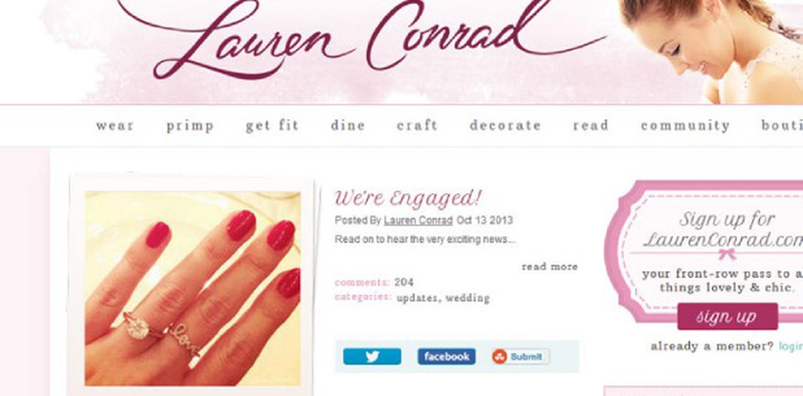 “¡Estoy más que emocionada! Preparense para mas contenido de boda aquí en LaurenConrad.com al comenzar el proceso de planicifación. ” publicó Conrad en su blog. (www.laurenconrad.com)