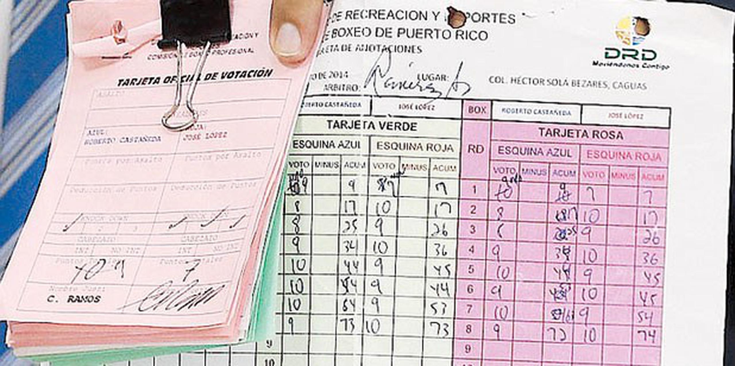 Cuando se recoge las tarjetas, que son verde, roja y blanca, el comisionado de turno (Daniel Cabán) las toma y se las dicta al comisionado Miguel Ortega. (Archivo)