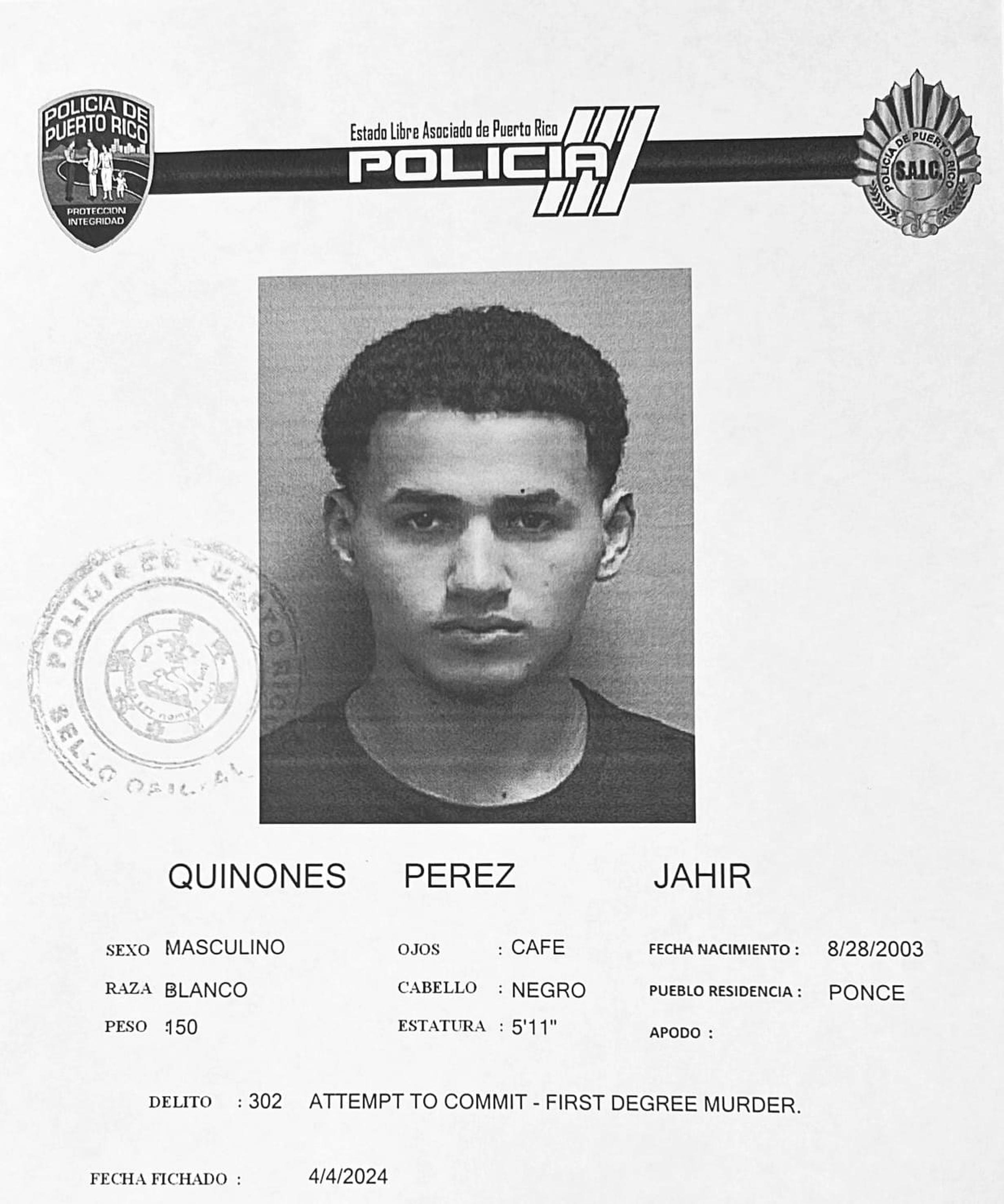 Jahir Quiñones Pérez fue acusado por tentativa de asesinato contra tres miembros de la División de Drogas y Narcóticos de Ponce.