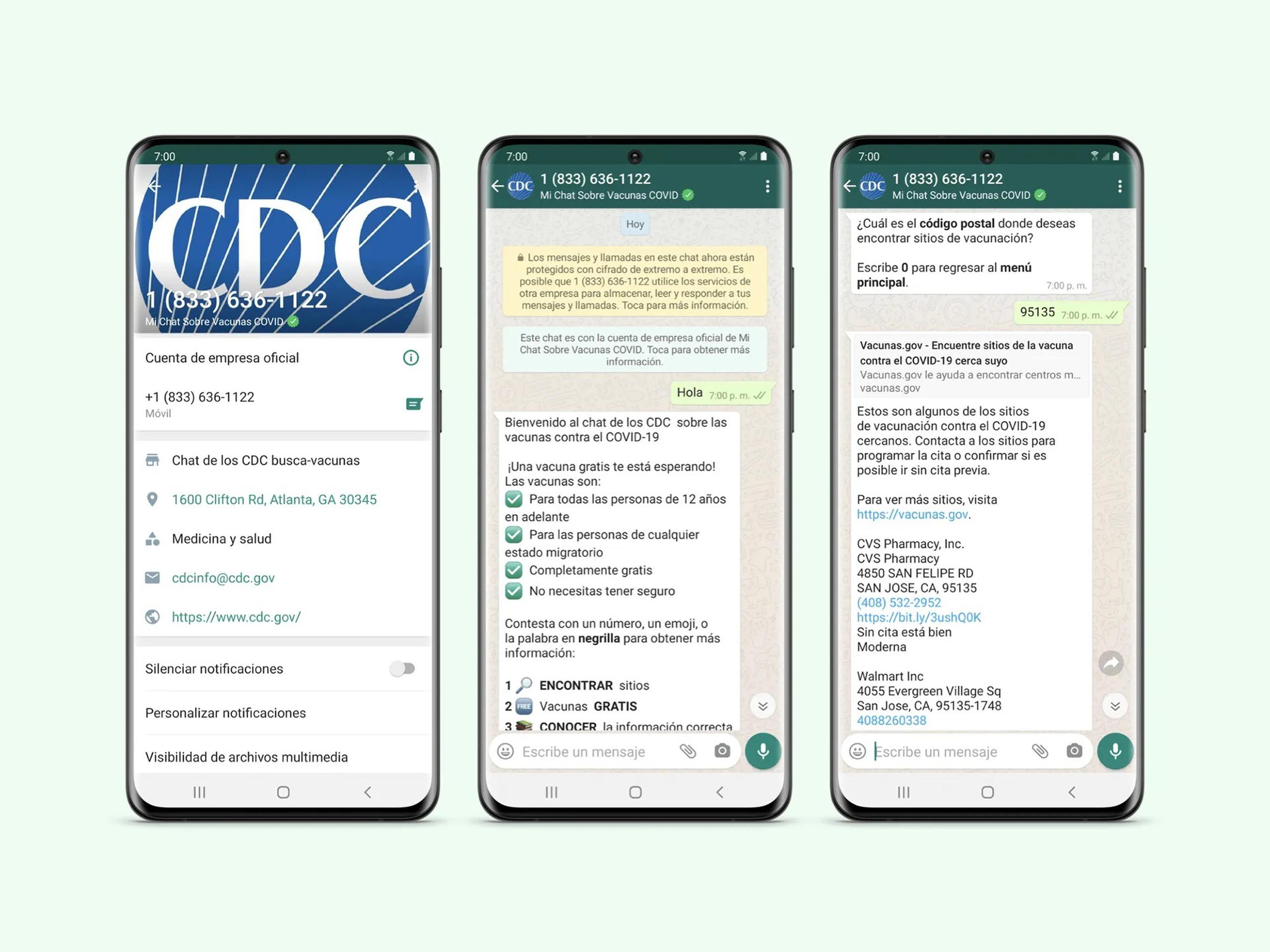 Fotografía cedida por la plataforma de mensajería instantánea WhatsApp donde se muestran tres pantallas del chat titulado "Mi Chat Sobre Vacunas COVID" al que se puede acceder mediante el número de teléfono (833) 636-1122 de los los Centros para el Control y Prevención de Enfermedades (CDC).