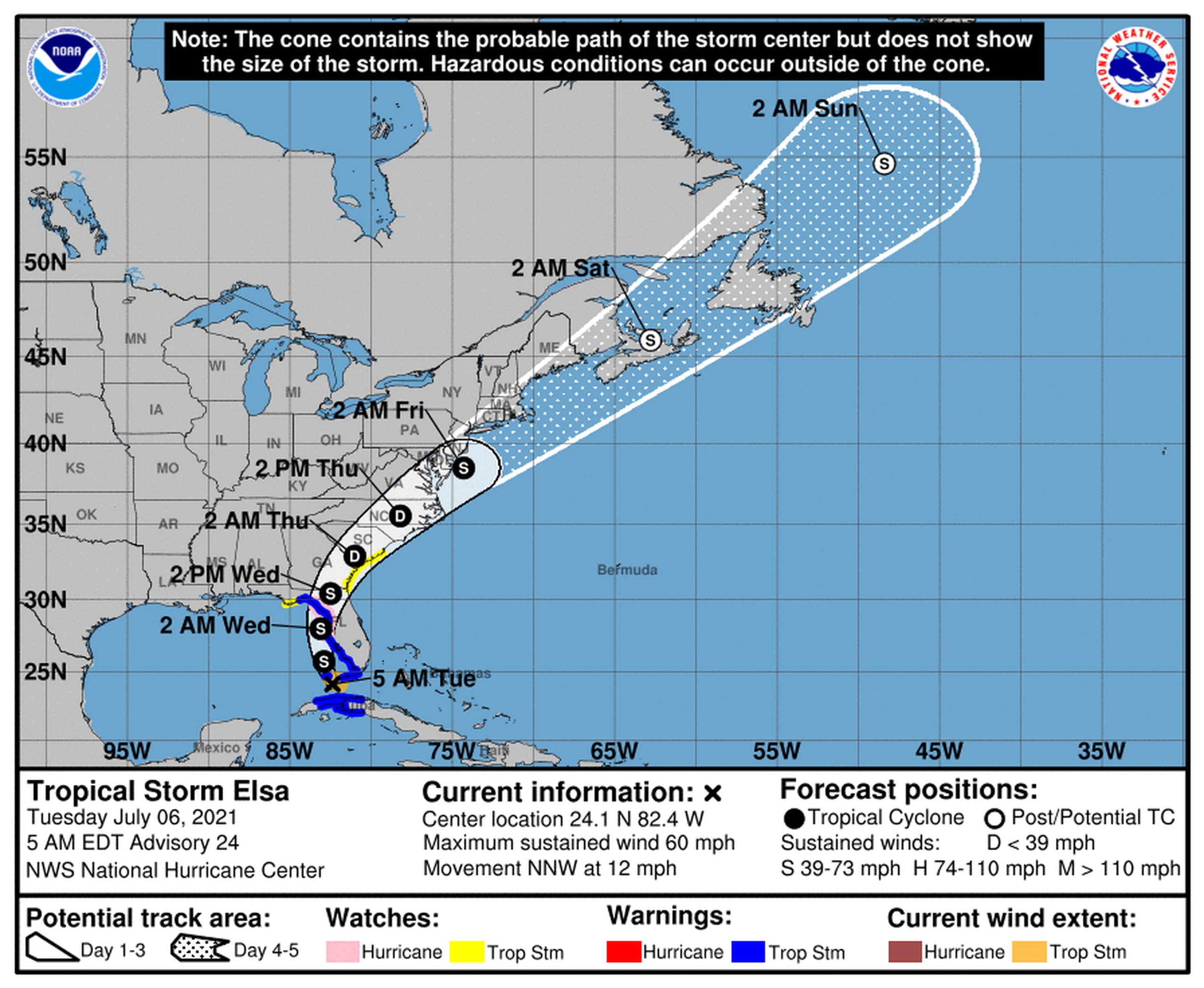 Pronósticos de la tormenta tropical Elsa emitido a las 5:00 de la mañana por el Centro Nacional de Huracanes de los Estados Unidos.