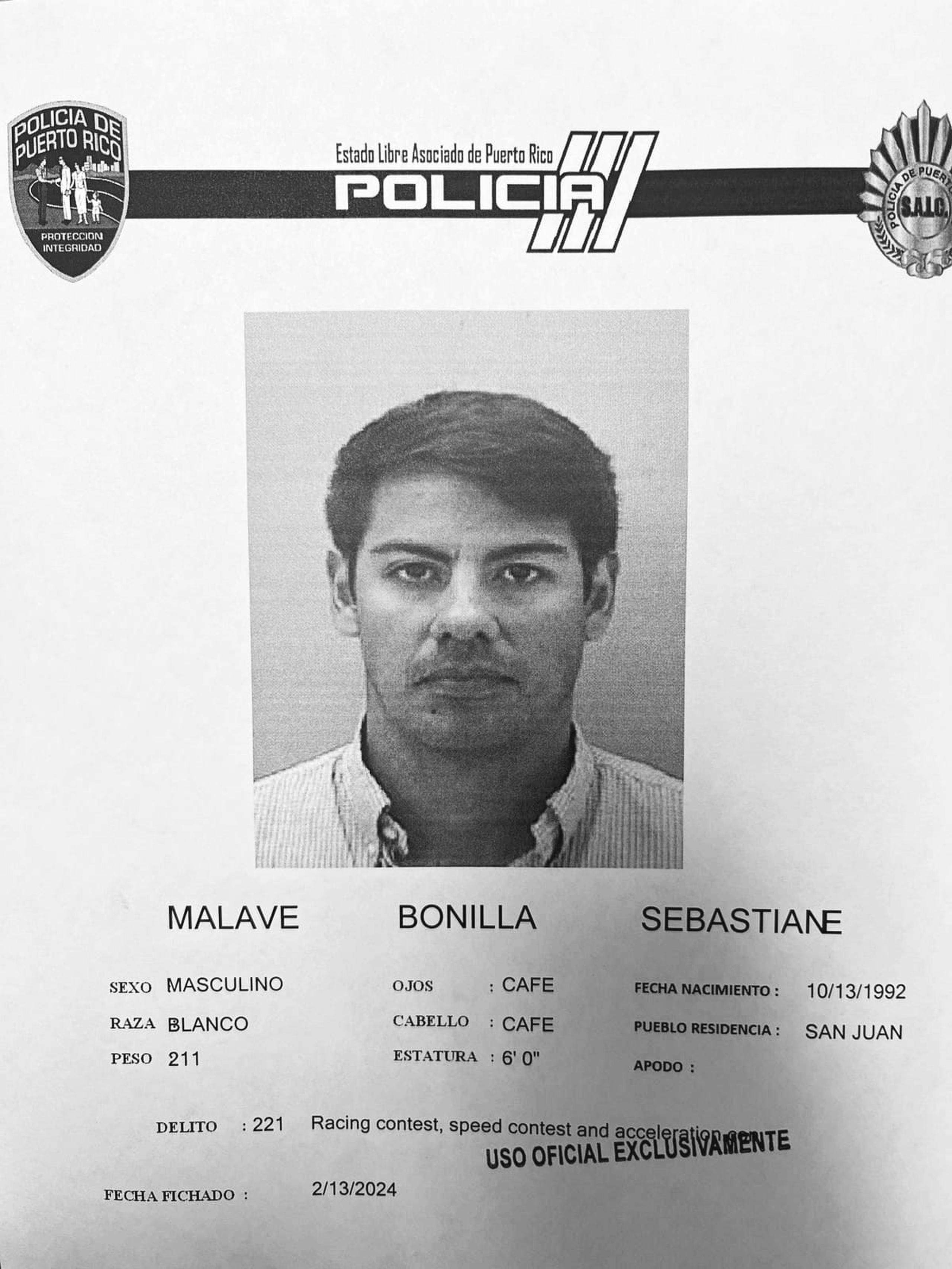 Sebastián Malavé Bonilla, fue acusado por un "hit & run" reportado el año pasado frente a un laboratorio en Hato Rey.