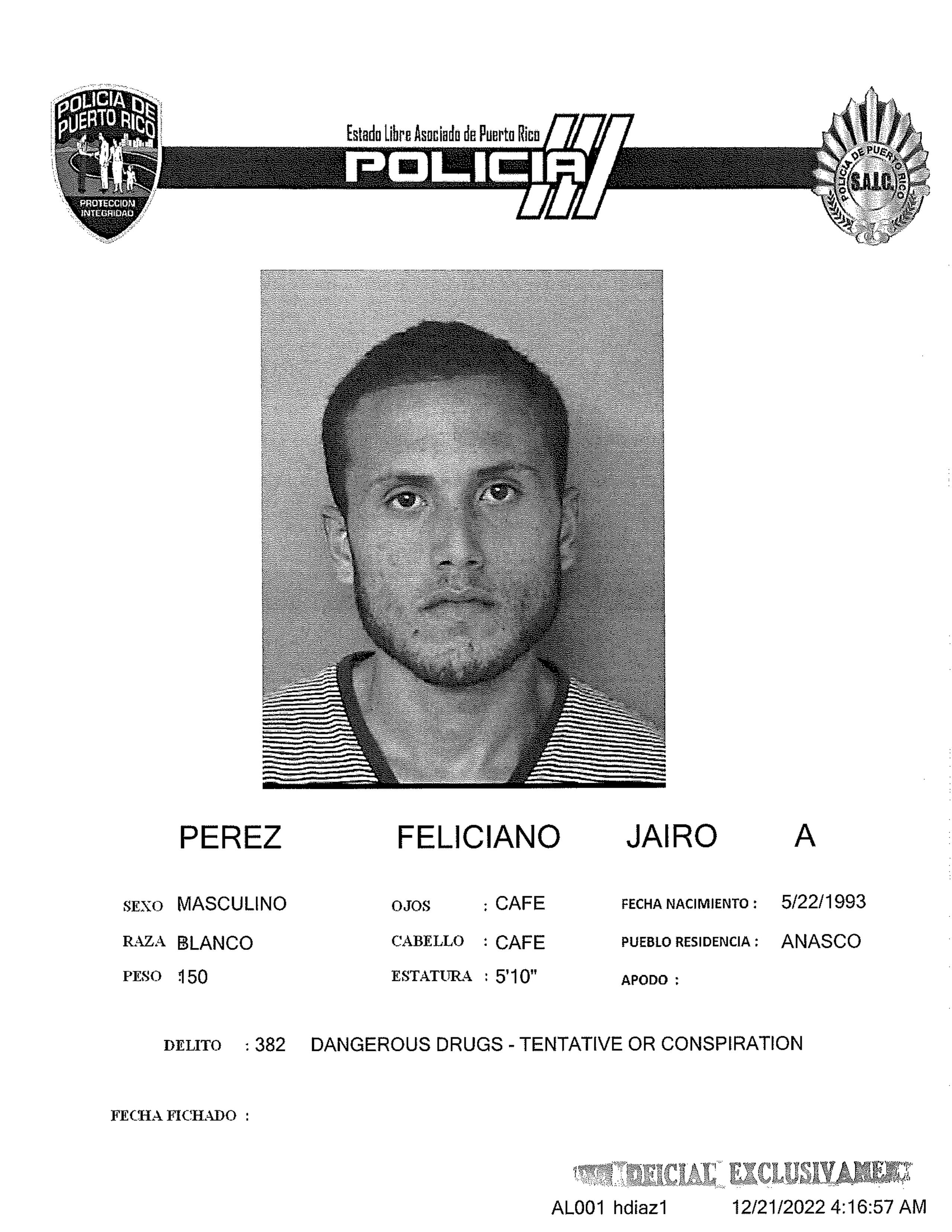 Ficha policíaca de Jairo Pérez Feliciano.