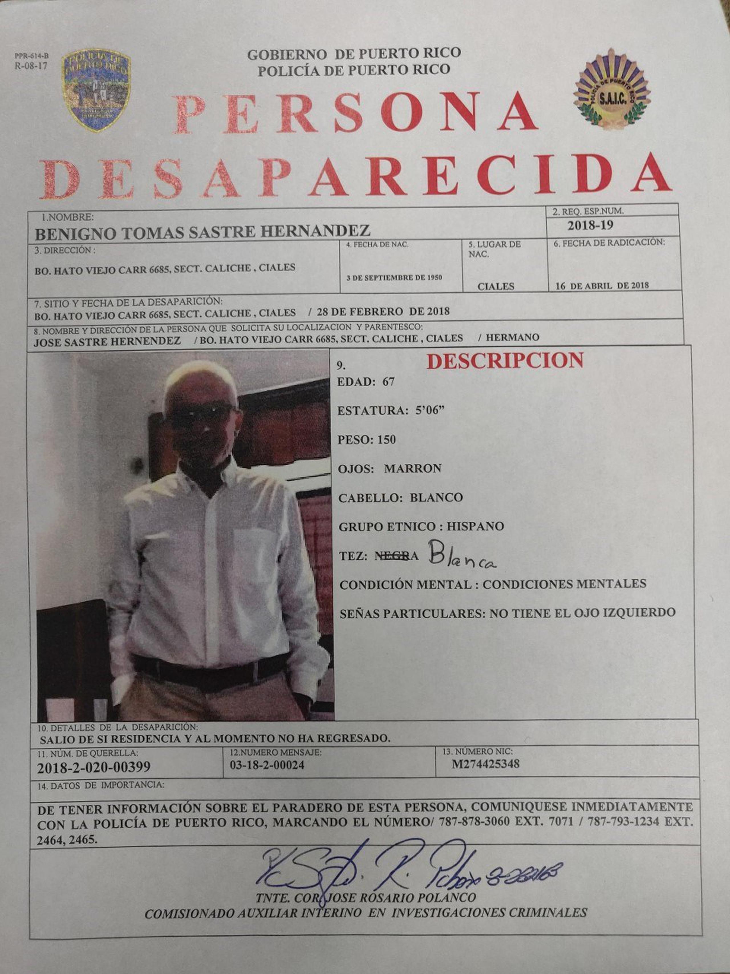 Documento oficial distribuido por la Policía  con la descripción de Benigno Tomas Sastre Hernández. (Suministrada)