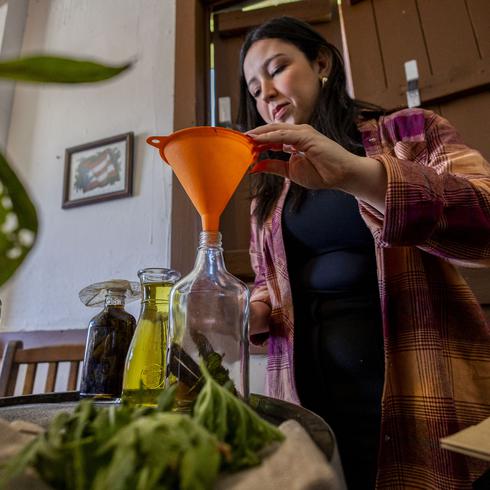 Paola Ortiz prepara sus alcoholados con las plantas que cultiva