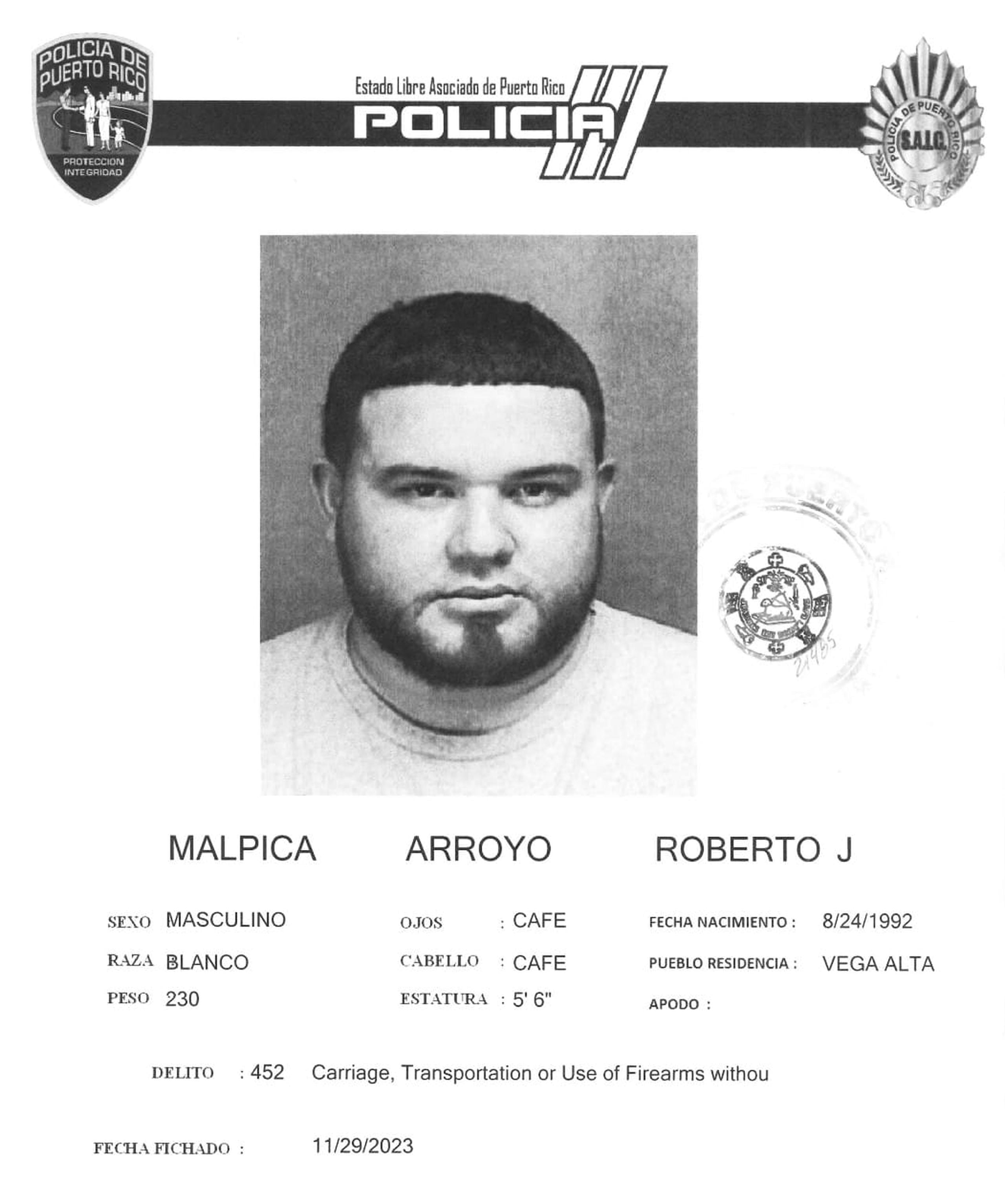 Roberto J. Malpica Arroyo enfrenta cargos por violencia de género e infracciones a varios artículos de la Ley de Armas.