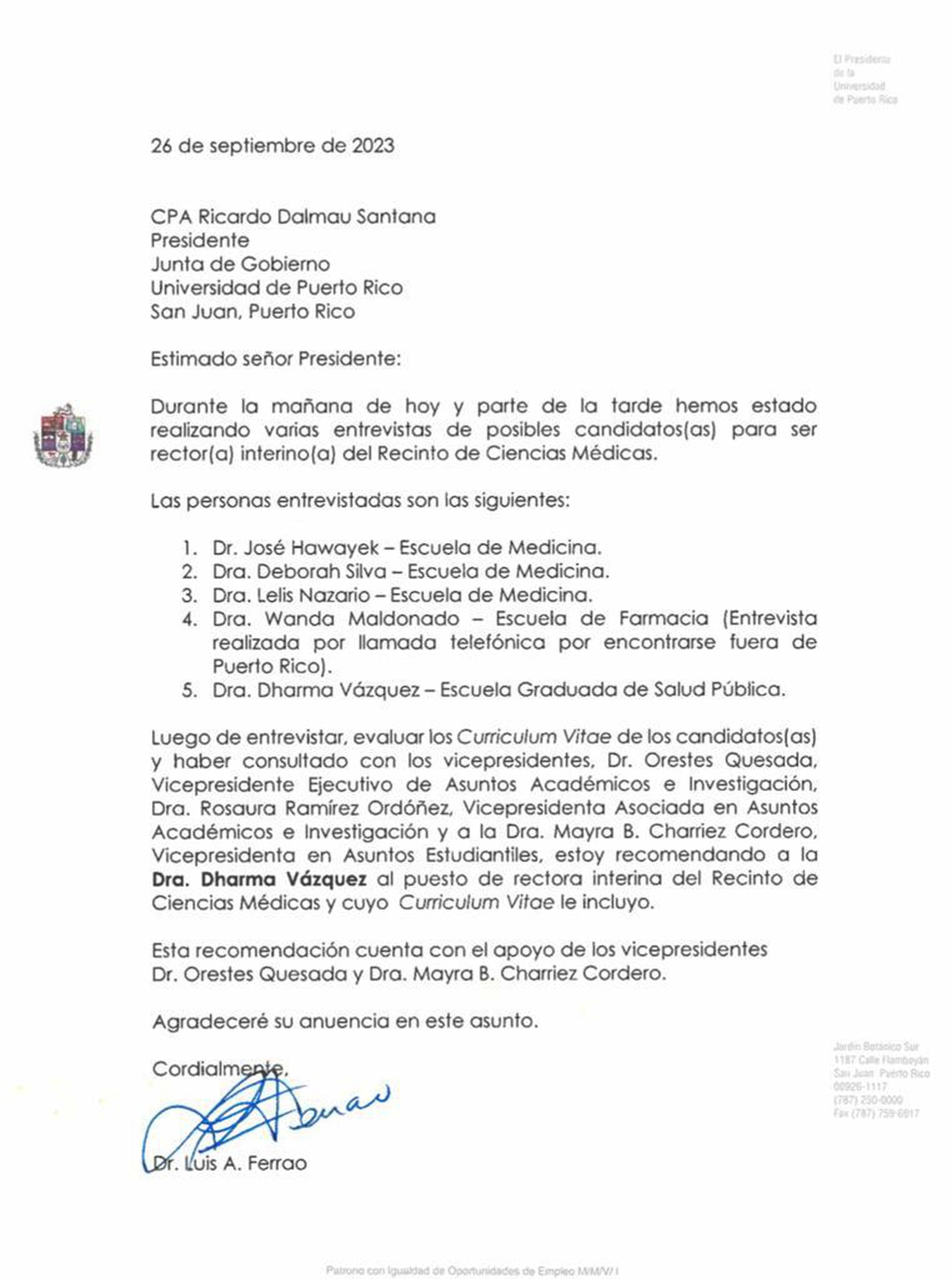 Carta del presidente de la Universidad de Puerto Rico enviada a la Junta de Gobierno para recomendar a la doctora Dharma Vázquez.
