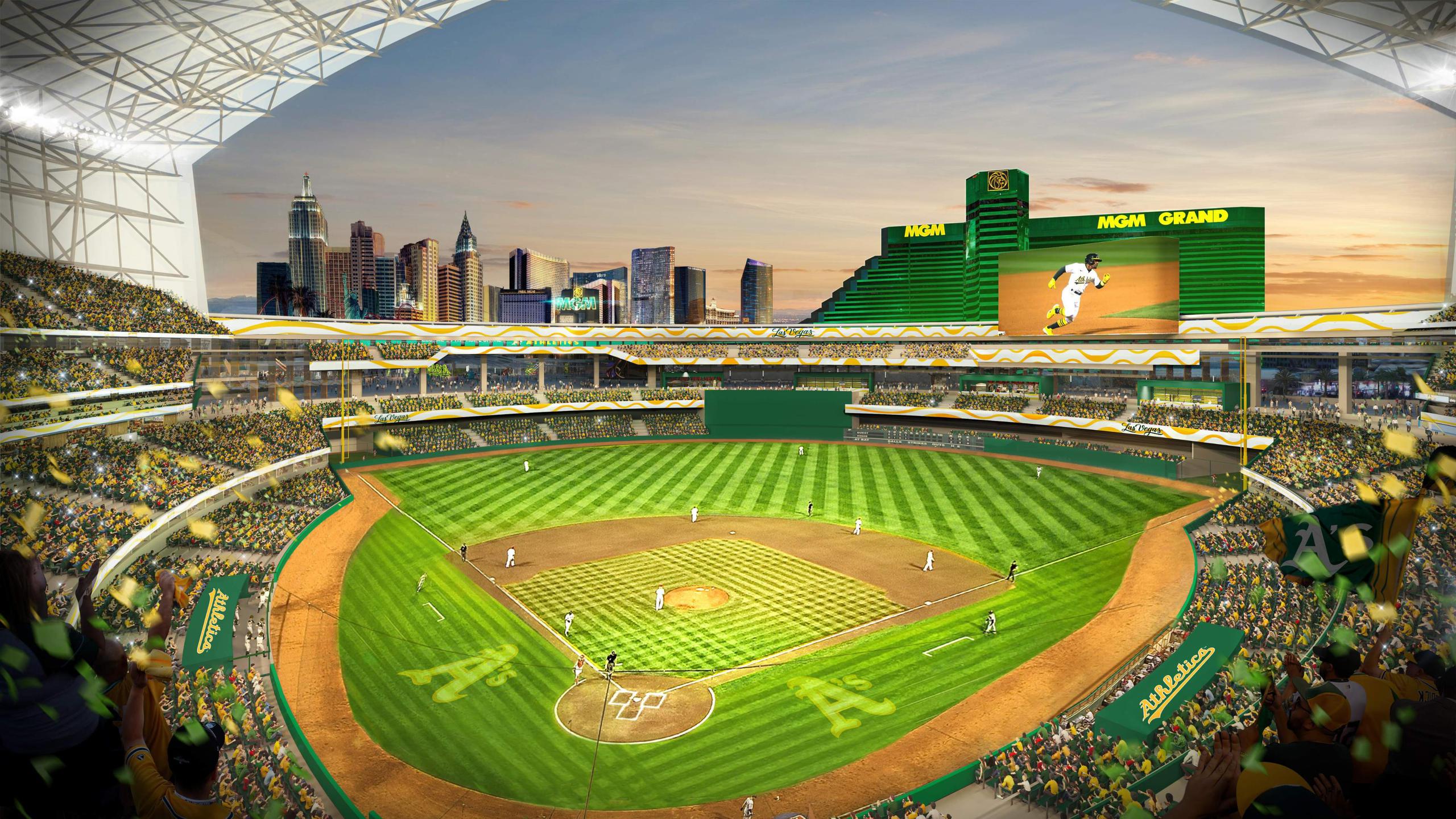 Esta imagen generada por computadora y distribuida por los Atléticos de Oakland el 26 de mayo de 2023, muestra el diseño propuesto para su parque en Las Vegas.