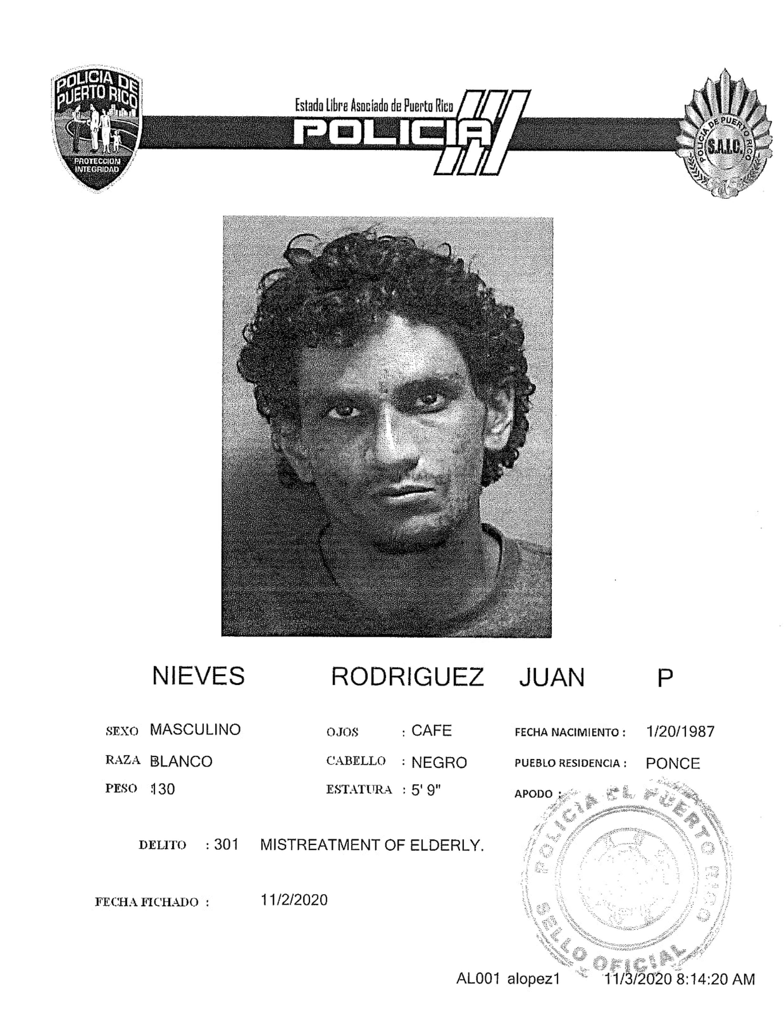 Juan P. Nieves Rodríguez fue encarcelado al no prestar una fianza de $100,000 por cargos de maltrato a personas de edad avanzada por hechos ocurridos el 31 de octubre y el 1 de noviembre contra su progenitora.