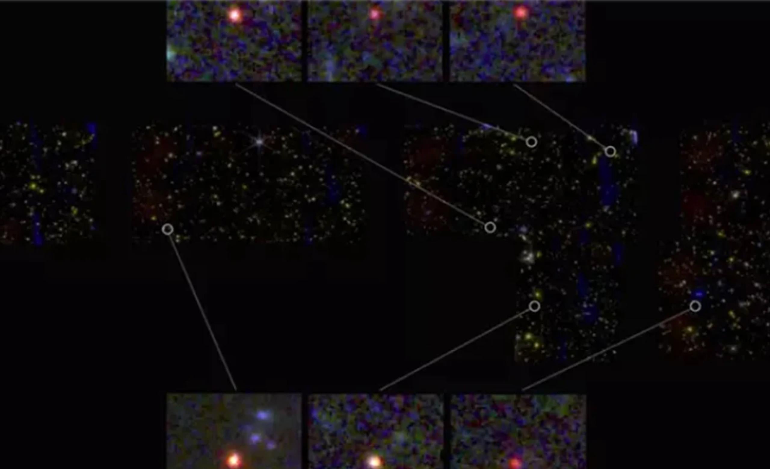 Imágenes de seis galaxias masivas candidatas, vistas 500-700 millones de años después del Big Bang (AP/NASA, ESA, CSA, I. LABBE)