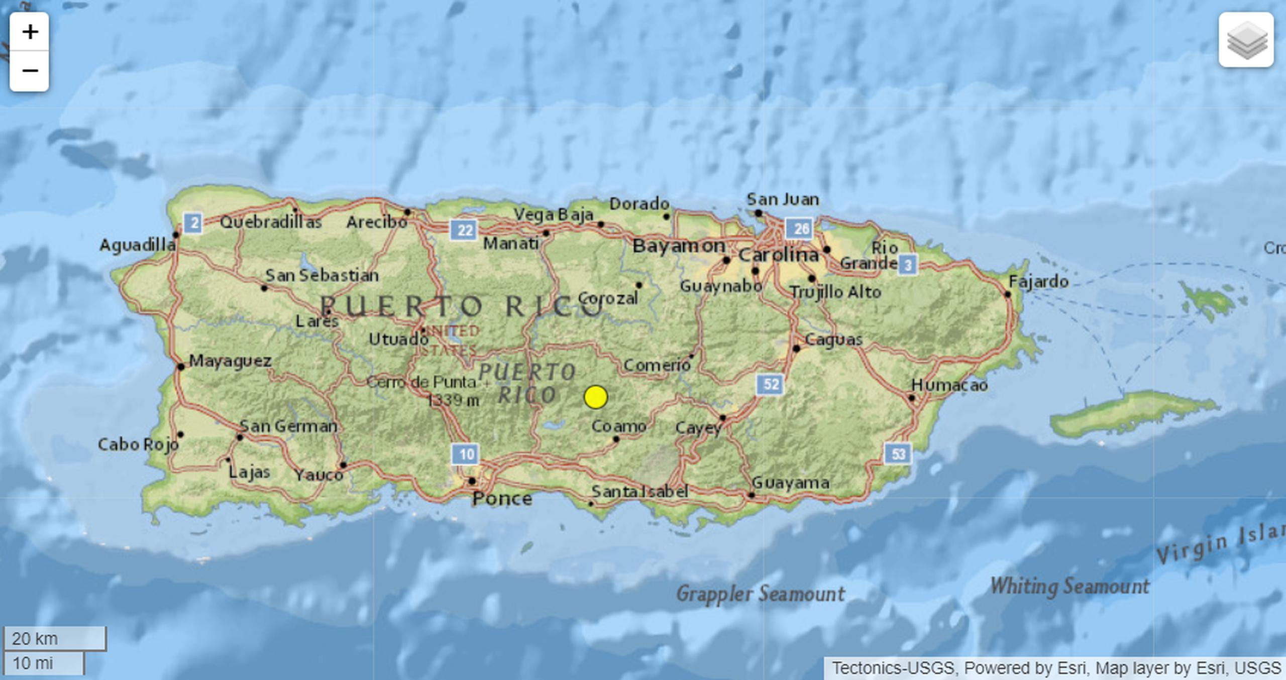 El círculo amarillo en el mapa muestra el lugar de origen del sismo de magnitud 3.33 grados reportado a las 3:57 de la mañana del 14 de julio de 2023.