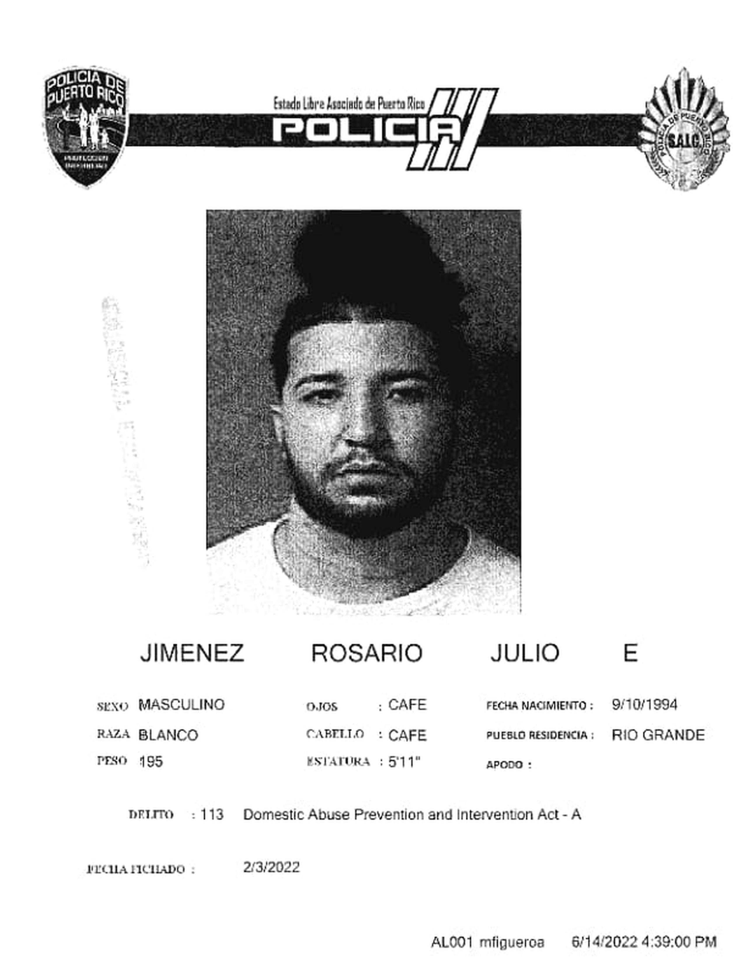 Julio E. Jiménez Rosario fue acusado por violencia de género por hechos ocurridos en Luquillo cuando fue acusado por la que era su pareja de empujarla en presencia de tres menores de edad, según los archivos del Negociado de la Policía.