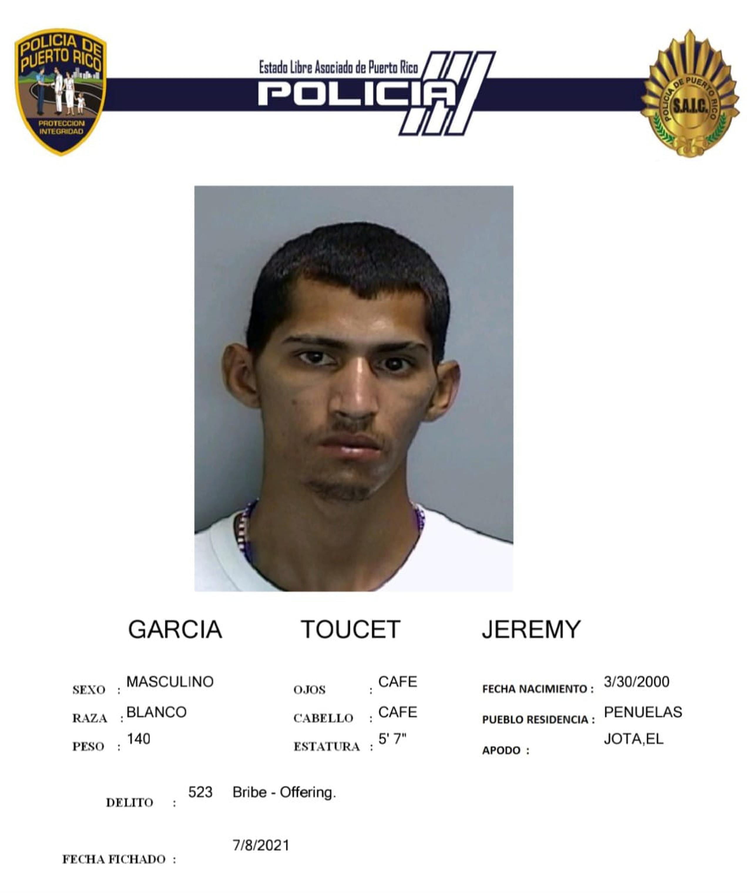 Jeremy García Toucet alias Jota enfrenta cargos por un asesinato ocurrido en abril de 2021 en Yauco.