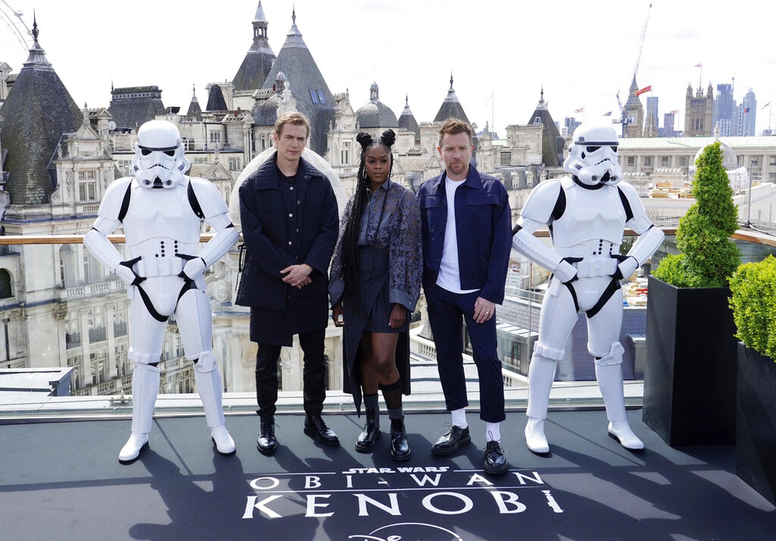 Los actores Hayden Christensen, Moses Ingram y Ewan McGregor durante la promoción de la serie "Obi-Wan Kenobi", el 12 de mayo de 2022 en Londres.