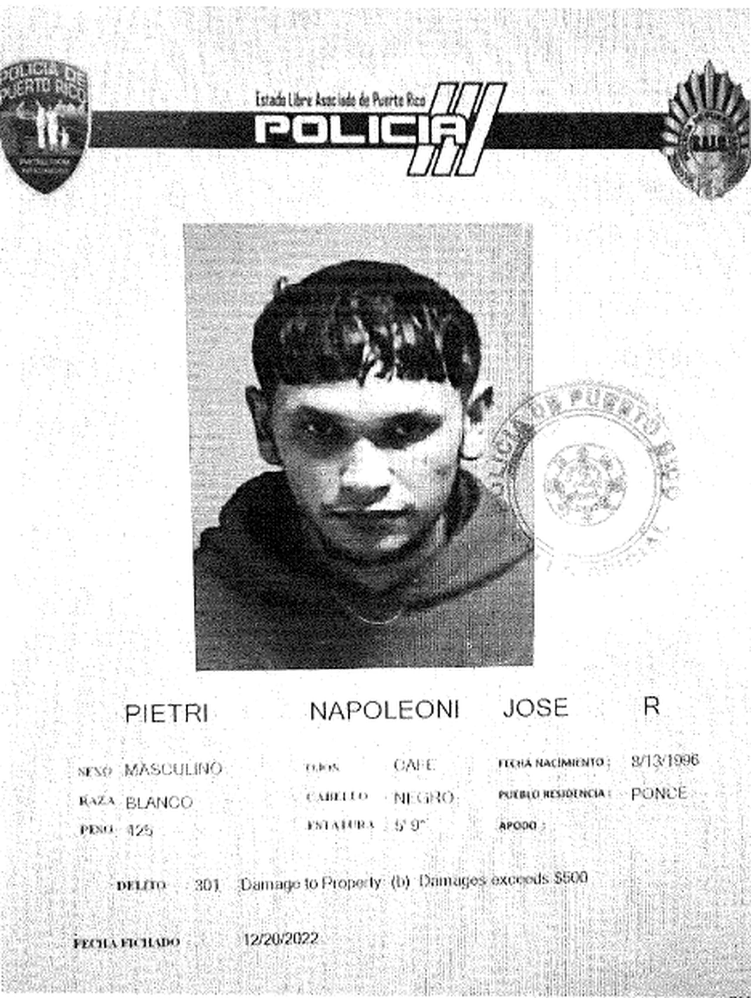 Ficha policíaca de José Ramón Pietri Napoleoni.