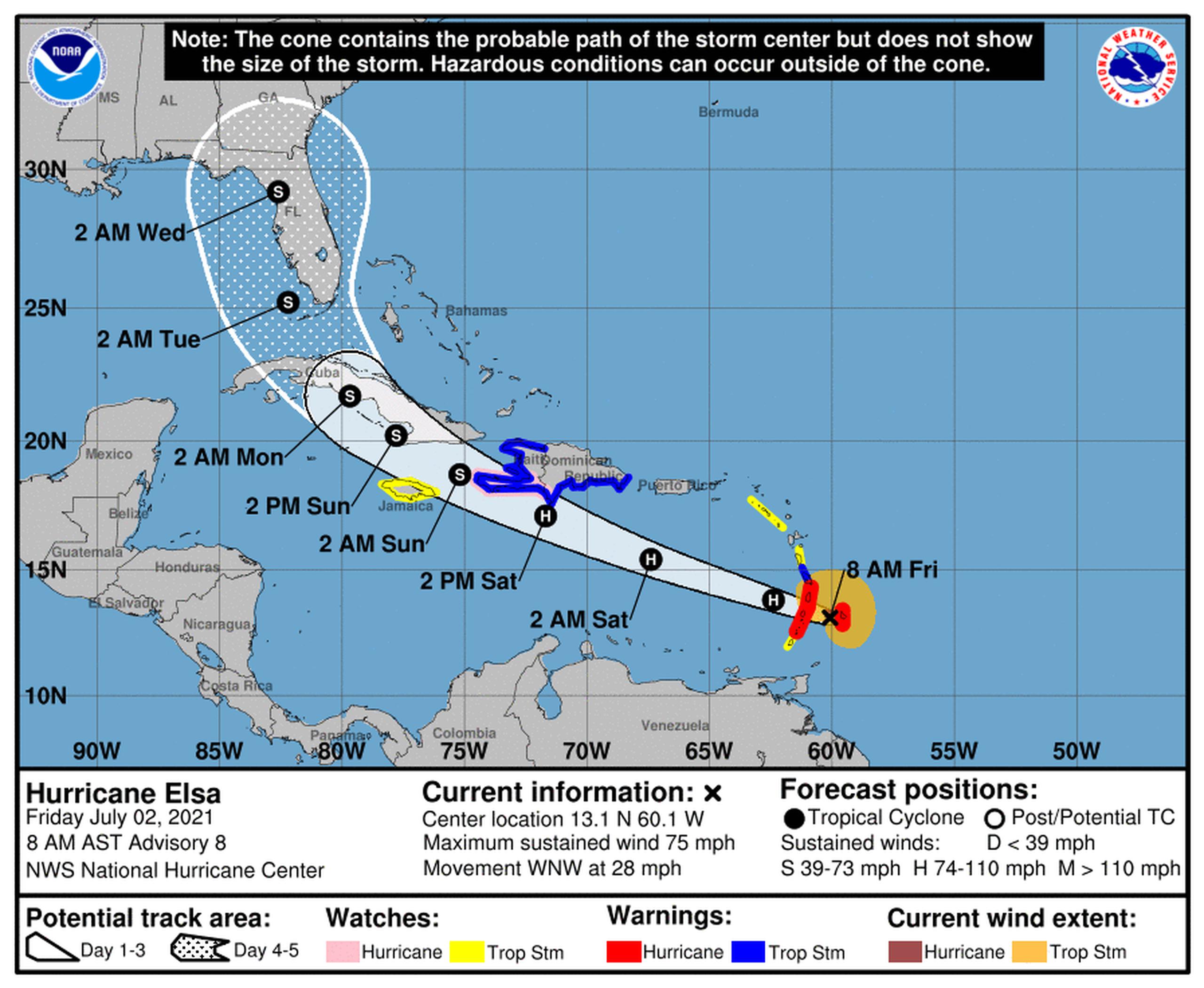 Pronóstico del huracán Elsa emitido a las 8:00 de la mañana por el Centro Nacional de Huracanes el 2 de julio de 2021.
