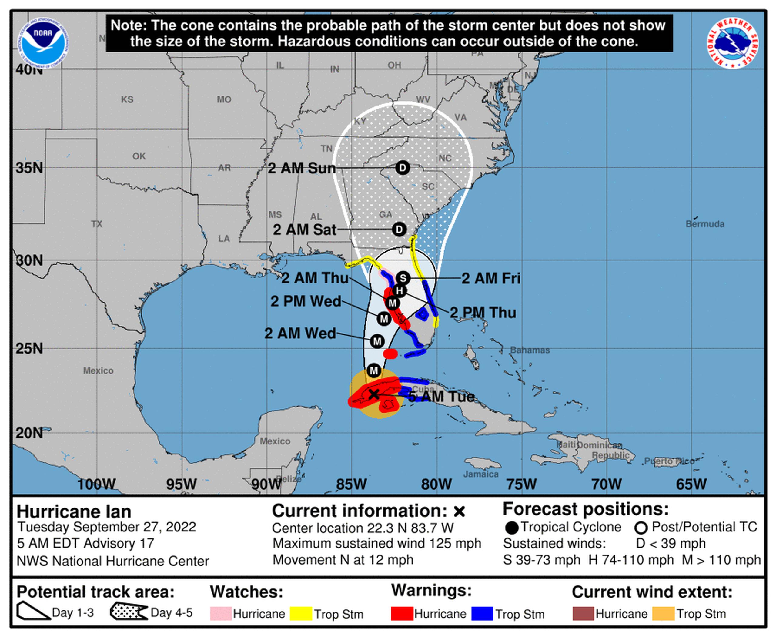 Pronóstico del huracán Ian emitido a las 5:00 de la mañana del 27 de septiembre de 2022.