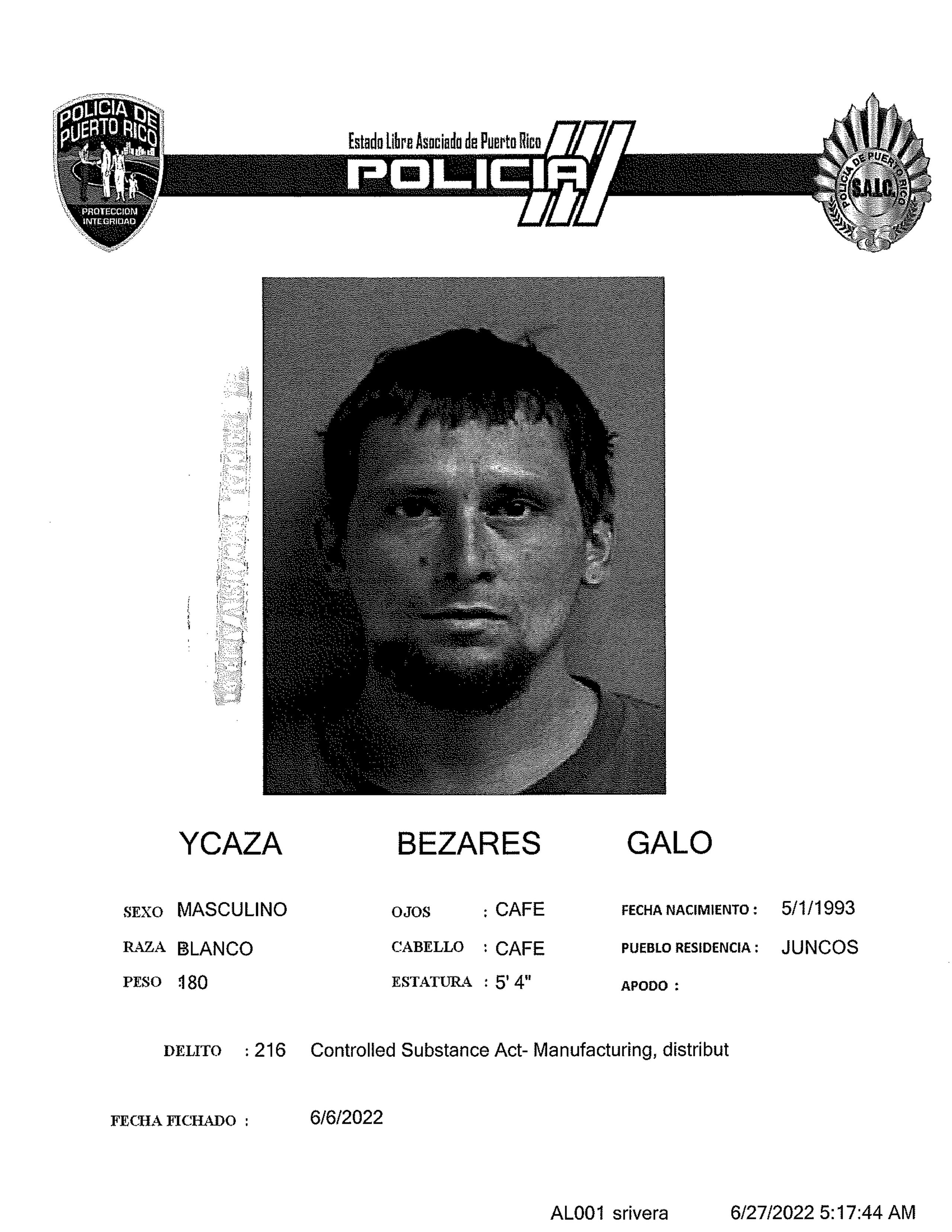 Ficha policial de Galo Ycaza Bezares.