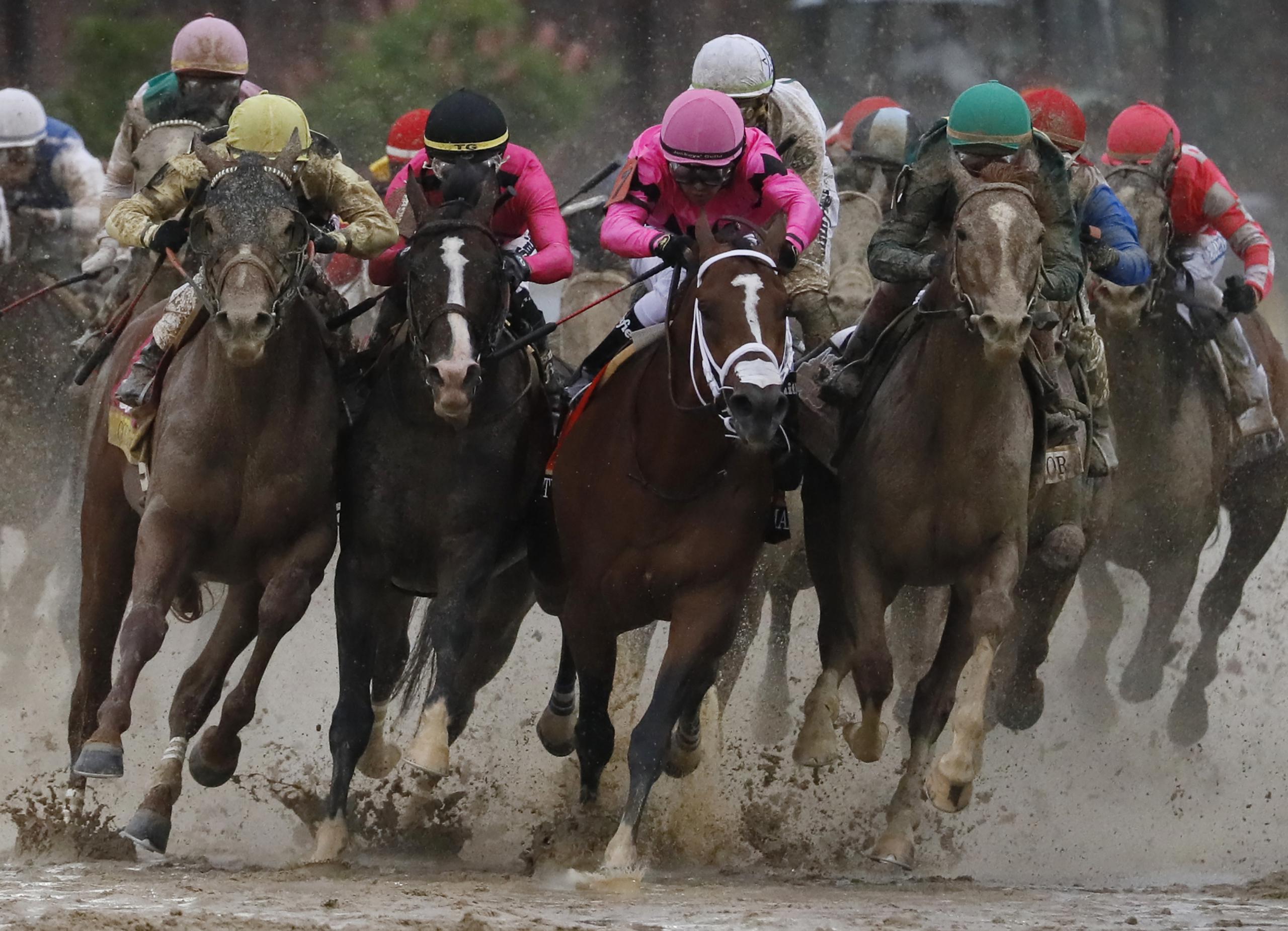 En esta foto de un pasado Kentucky Derby se vea los jinetes cargando sus fuetes. El uso de ellos sobre los caballos es uno que está en la mirilla de asociaciones de protección de animales.